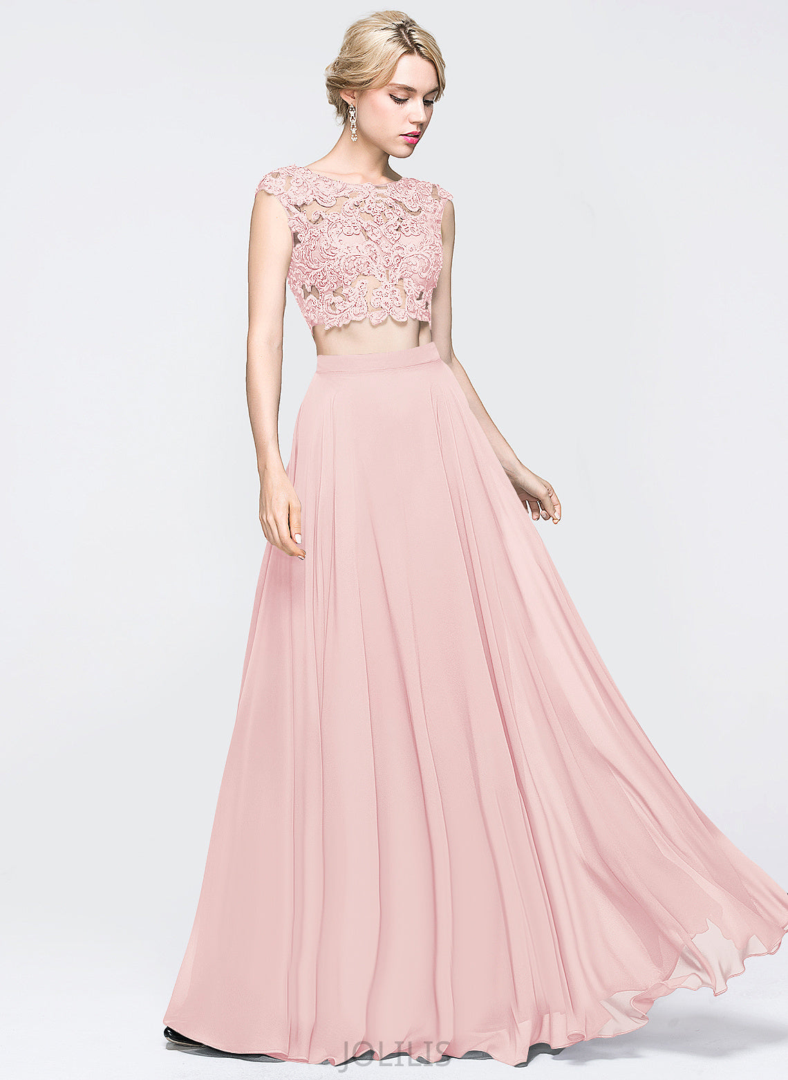 Wendy Lace Sequins Floor-Length Prom Dresses A-Line Scoop With Chiffon Beading