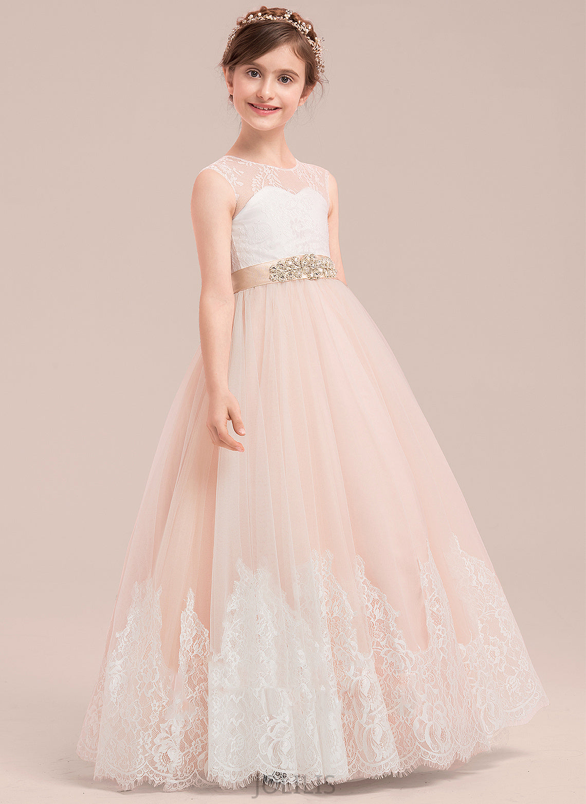 Scoop With Sleeveless Satin/Tulle/Lace Girl Madilynn Flower - Floor-length Dress Beading Neck Ball-Gown/Princess Flower Girl Dresses