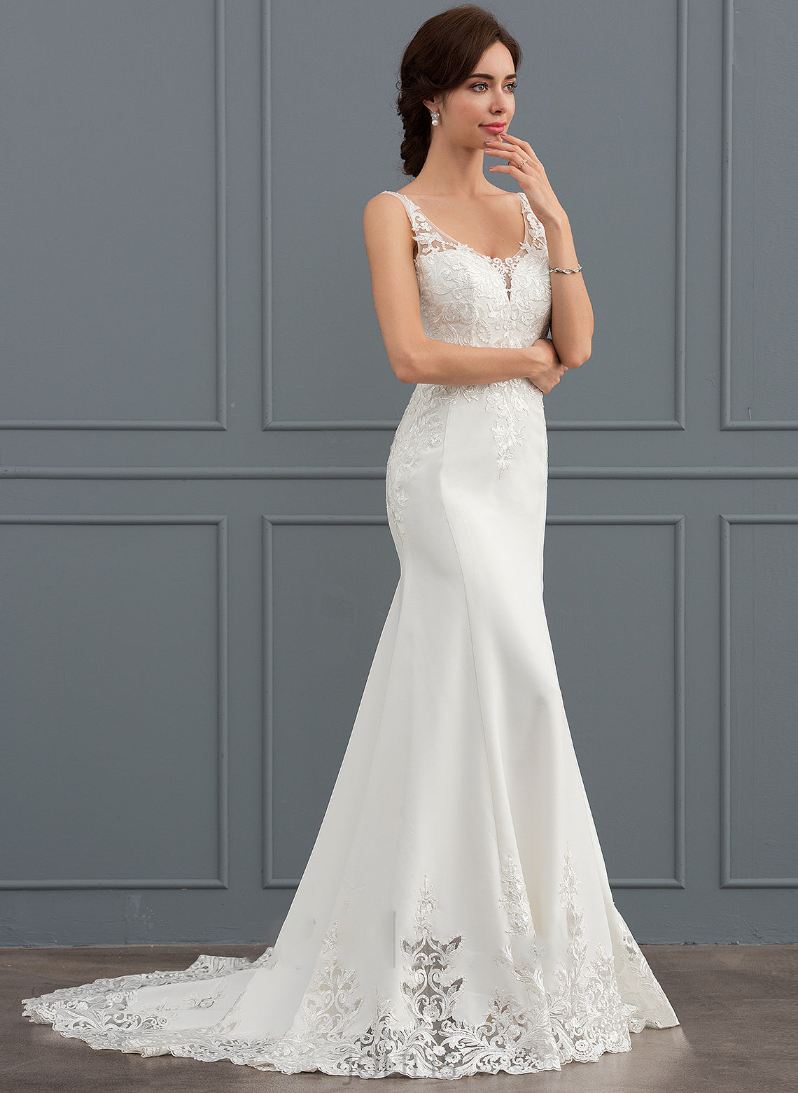 Lace Sequins Brielle Crepe Wedding Dresses V-neck Train With Trumpet/Mermaid Dress Court Wedding Stretch