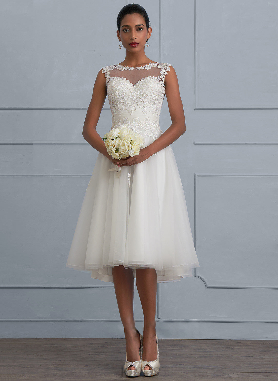 Tulle Cristal A-Line Illusion Dress Wedding Dresses Wedding Ruffle With Asymmetrical