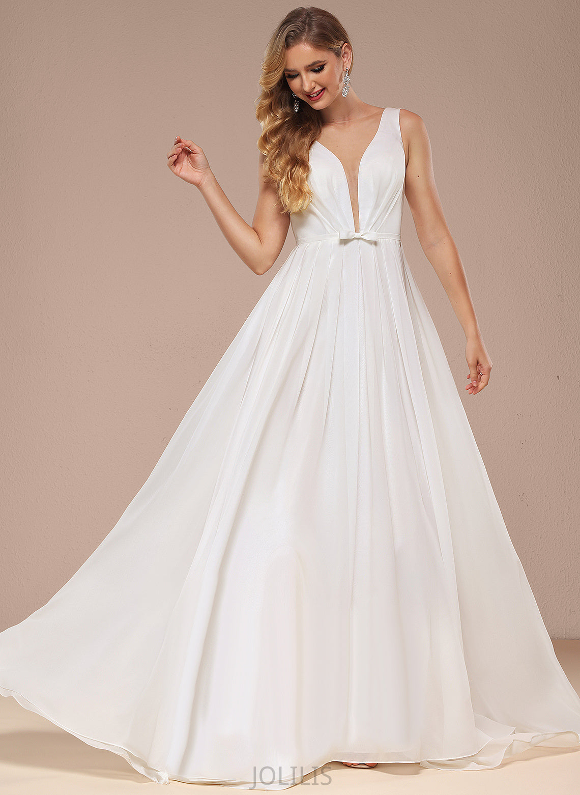 Lainey Train Dress V-neck Bow(s) With Sweep Wedding A-Line Chiffon Wedding Dresses