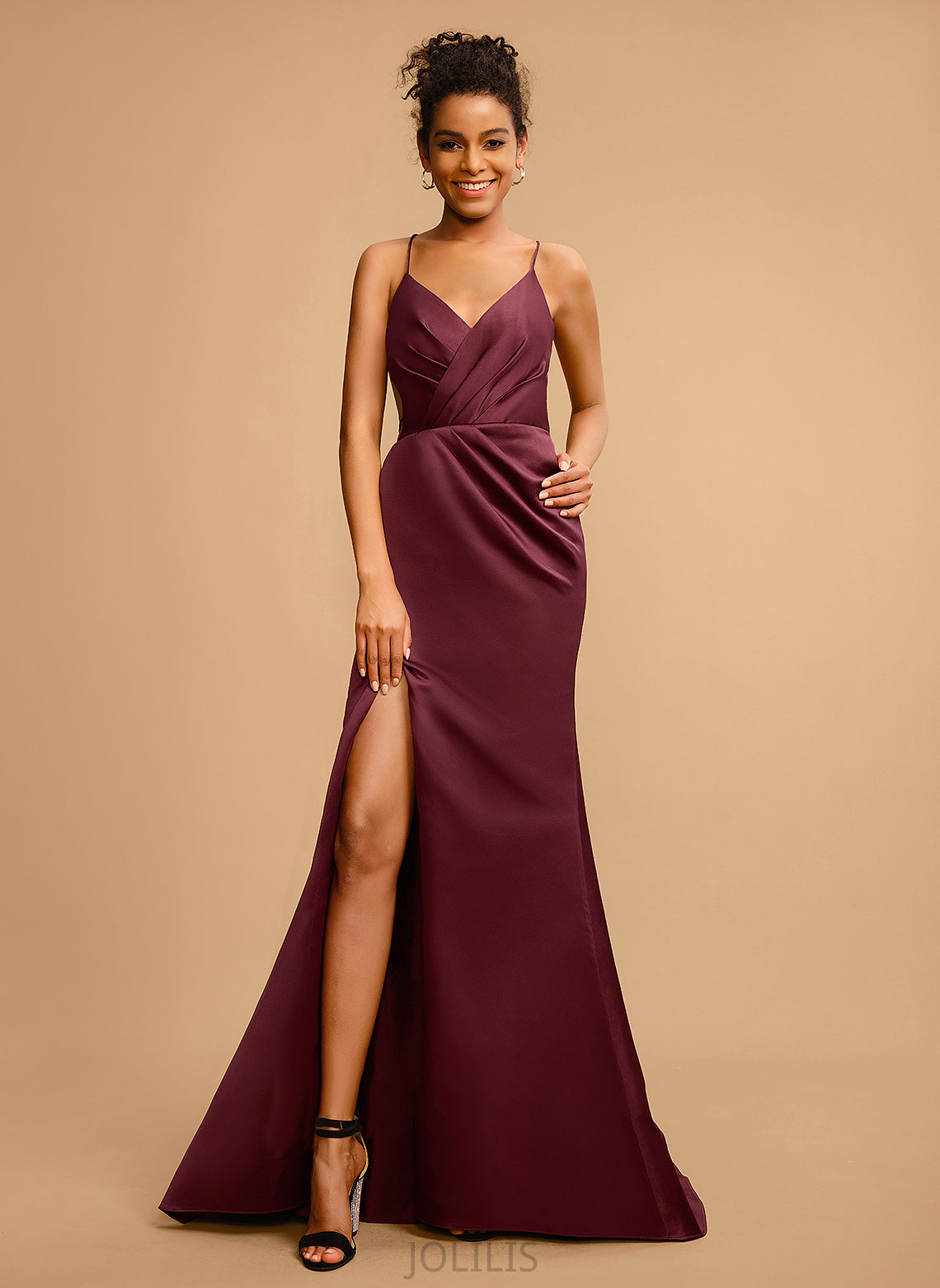 Sweep Sheath/Column With Satin Prom Dresses Cindy Train V-neck Pleated