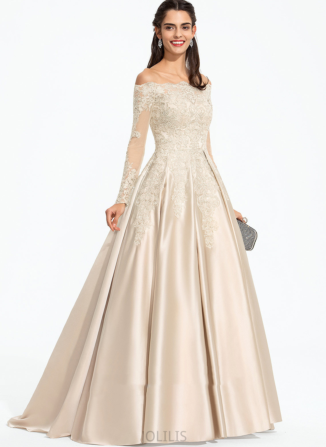 Lace Ball-Gown/Princess Sequins Satin Prom Dresses Train Off-the-Shoulder With Sweep Ada