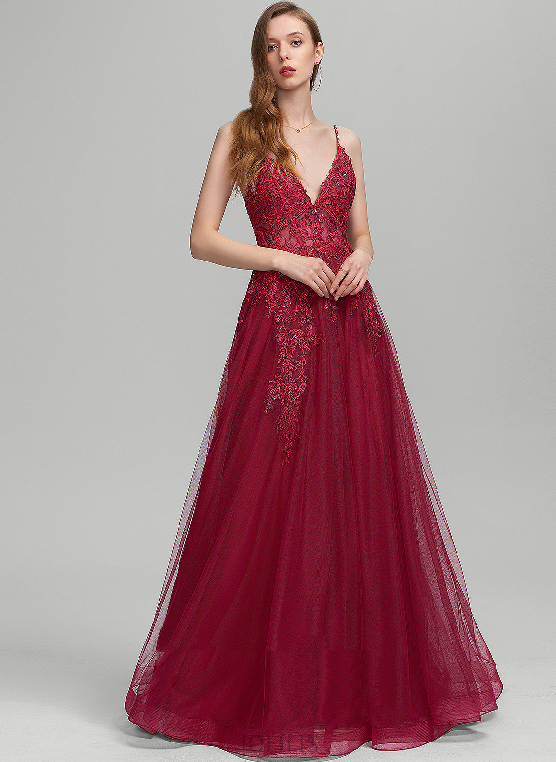 Edith Ball-Gown/Princess With Beading Lace Floor-Length Sequins V-neck Tulle Prom Dresses