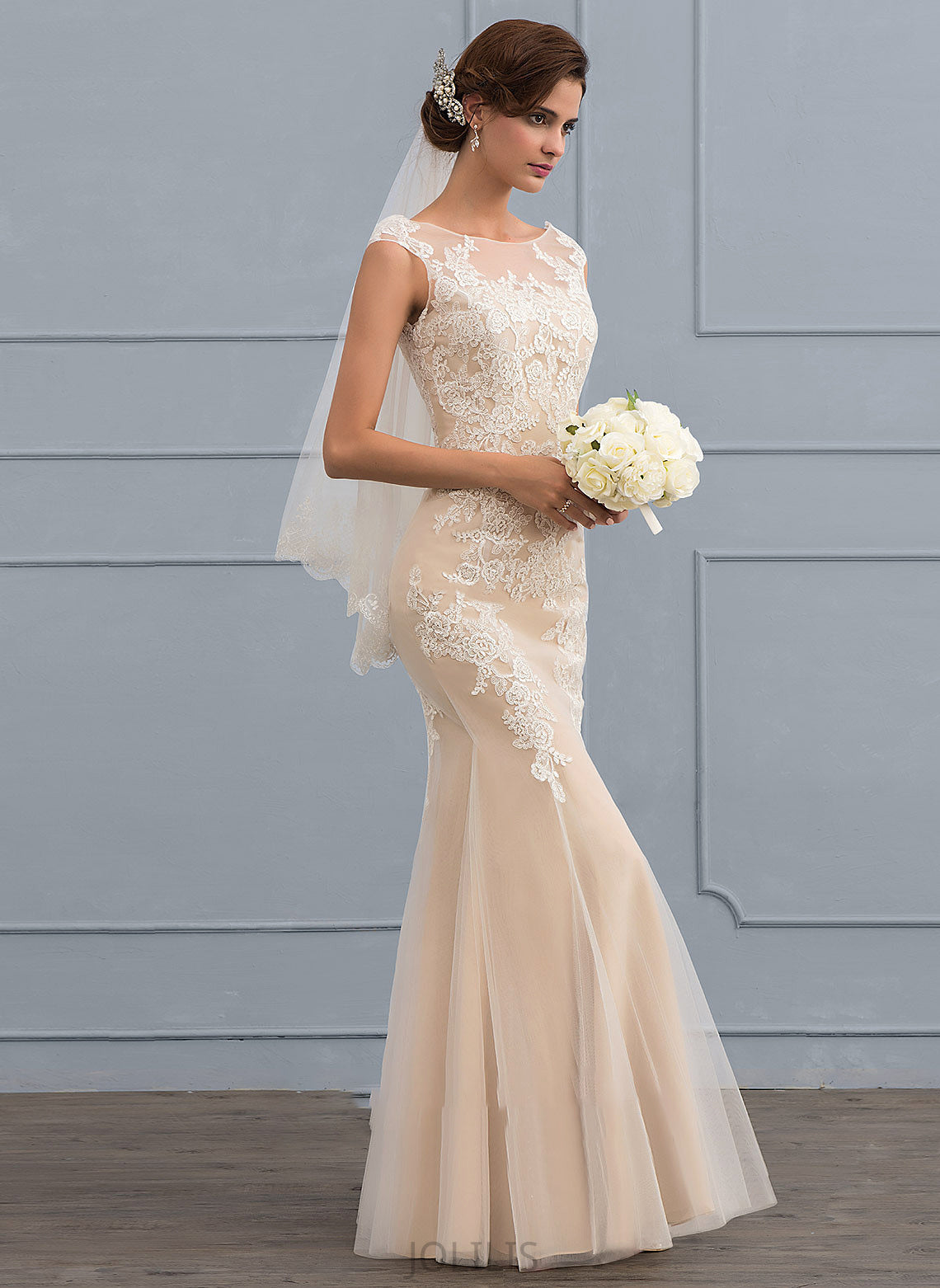 Thelma Trumpet/Mermaid Lace Neck Tulle Wedding Scoop Dress Floor-Length Wedding Dresses