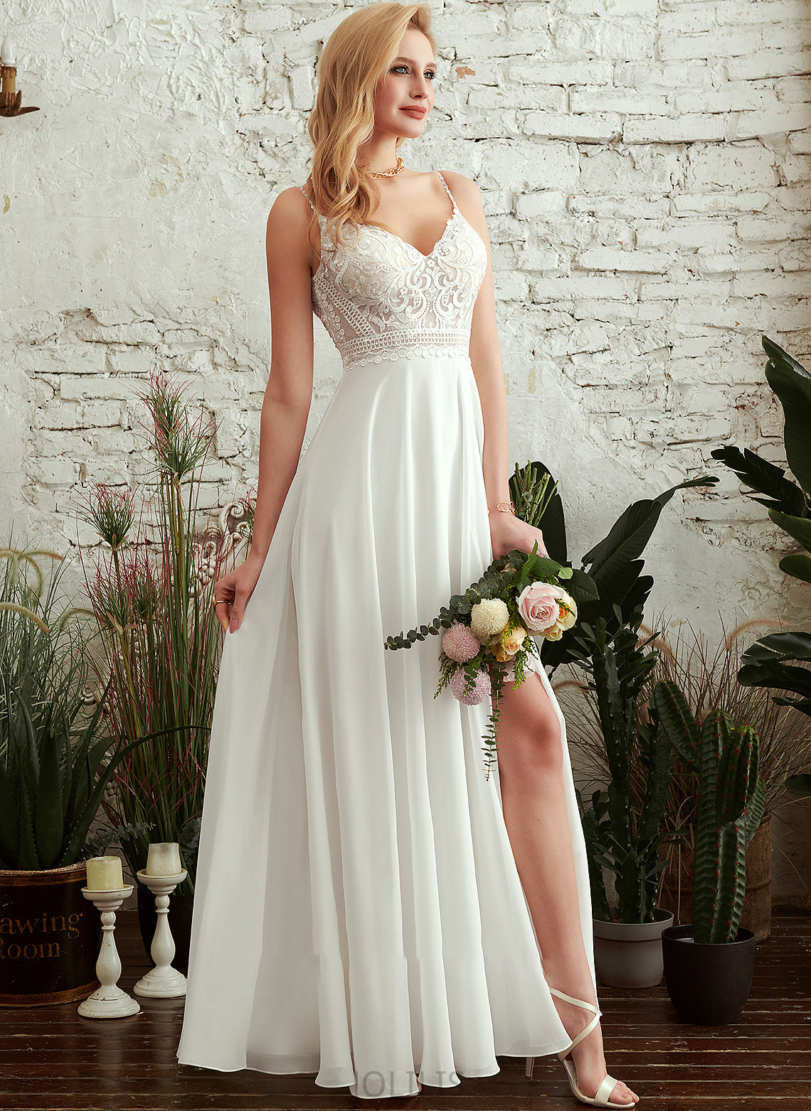 A-Line Wedding Dresses Front Split Dress Pat V-neck Floor-Length Wedding With