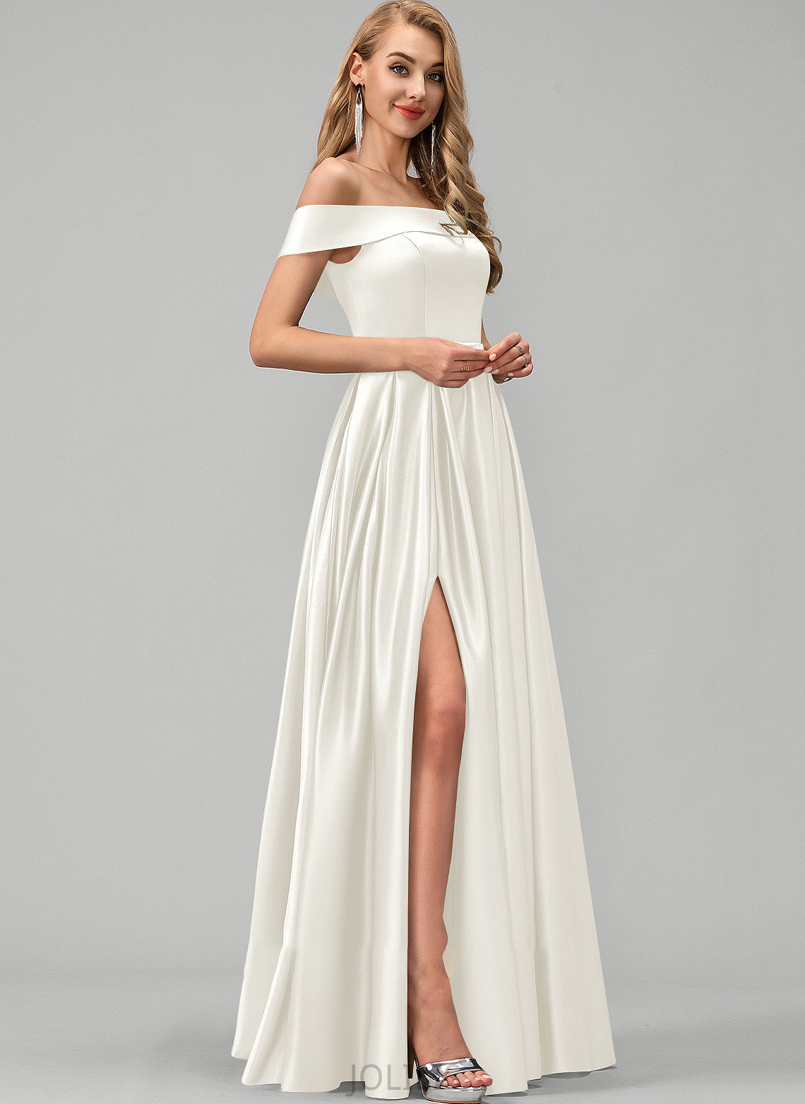 Wedding Dresses With Off-the-Shoulder Dress Ball-Gown/Princess Wedding Pockets Floor-Length Front Split Satin Adriana