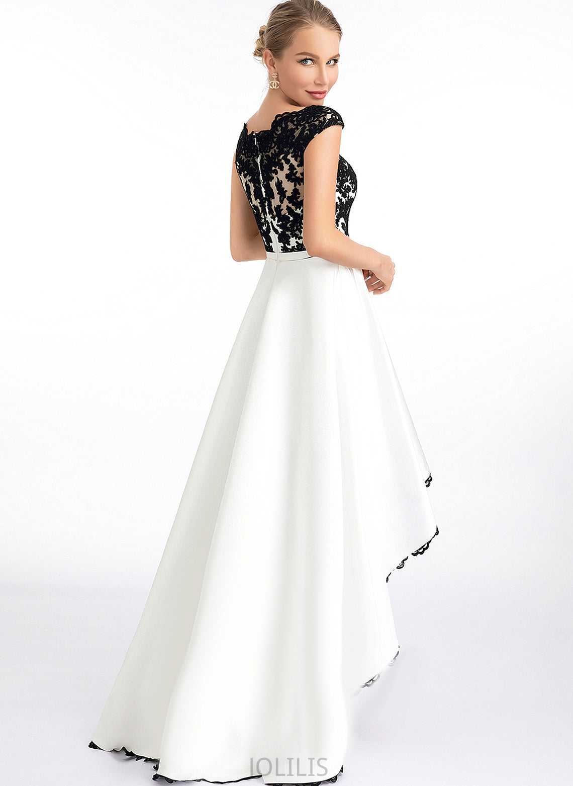 Asymmetrical Scoop Illusion Lace Satin Margery Prom Dresses A-Line