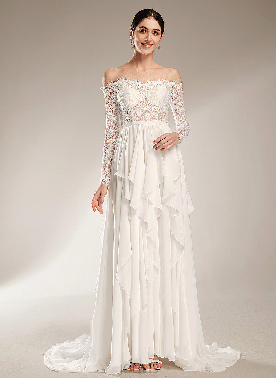 Ruffle Off-the-Shoulder Dress With Lace Izabella Court Train Wedding Dresses Chiffon Wedding A-Line