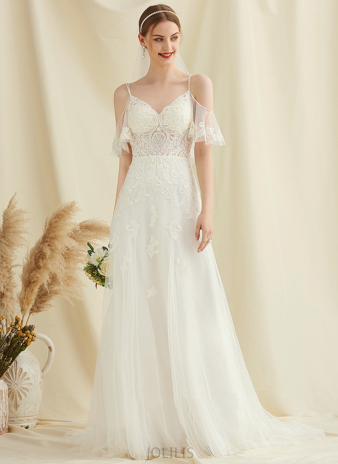 Wedding Lace V-neck Sofia Dress Train Tulle Wedding Dresses With Beading Sweep A-Line