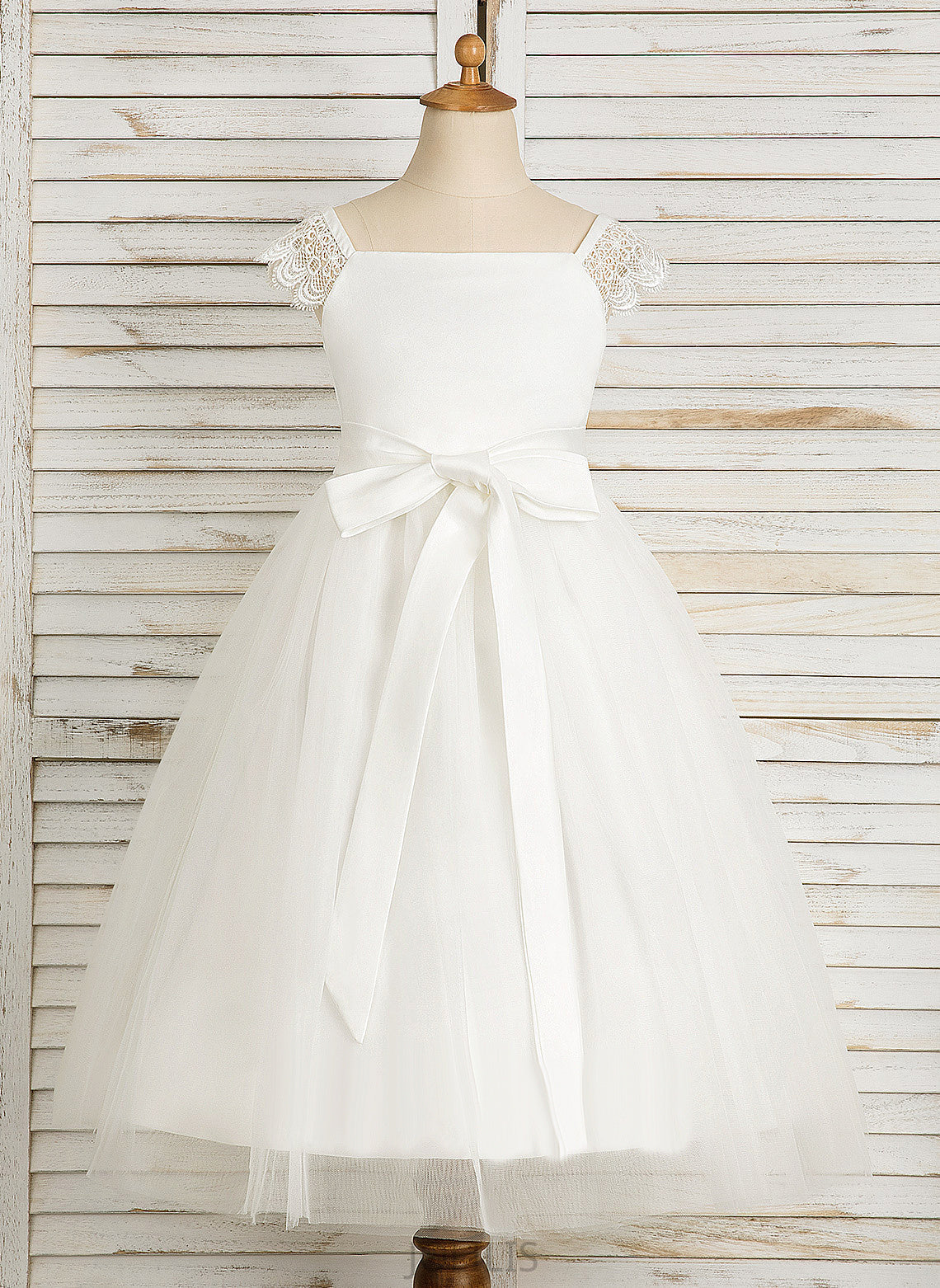 Lace/Sash Dress Sleeveless Girl Flower Girl Dresses Neckline Satin/Tulle A-Line - Square With Flower Christina Tea-length