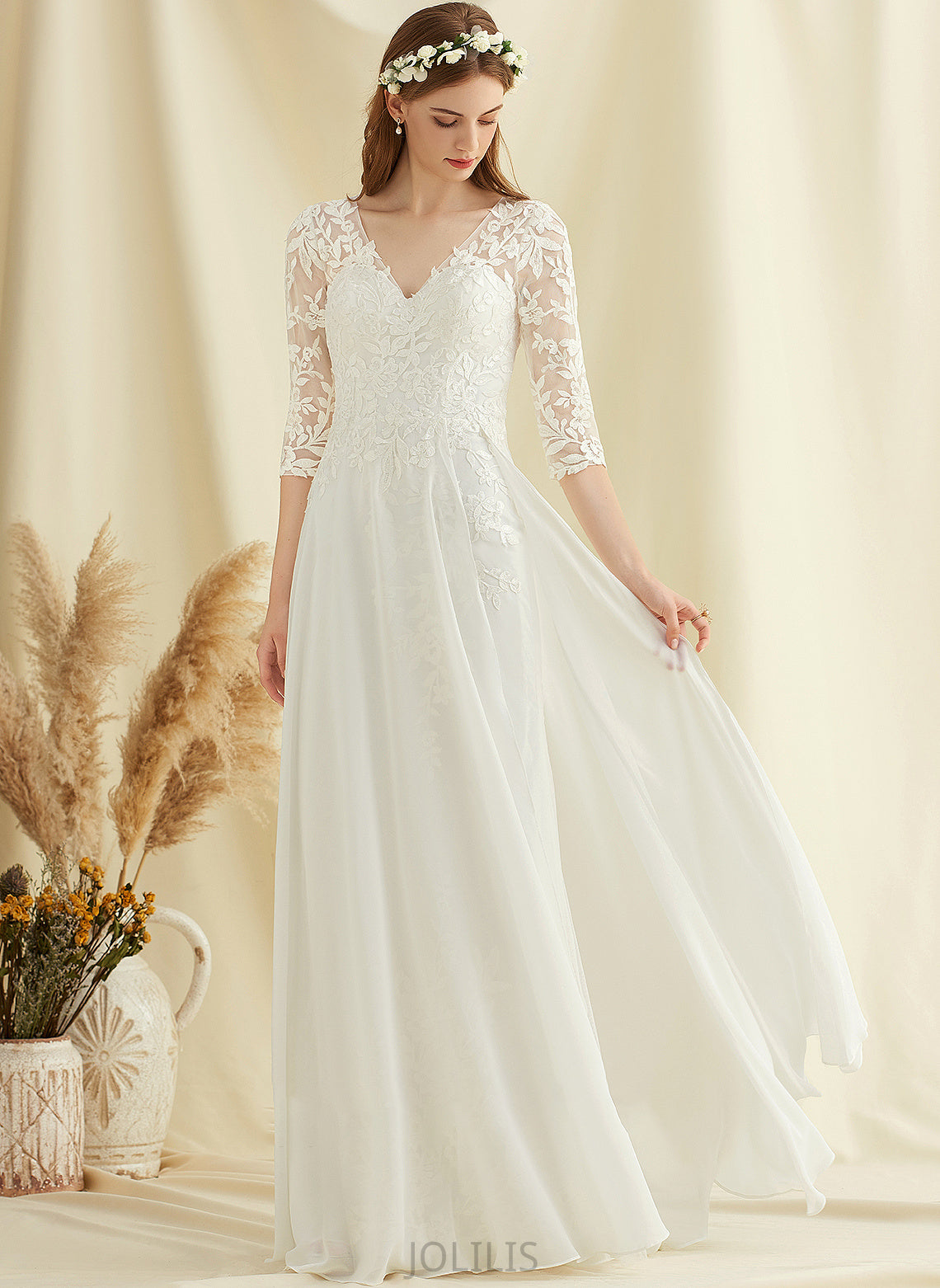 Wedding V-neck Kenzie Floor-Length Wedding Dresses Chiffon Dress Lace A-Line