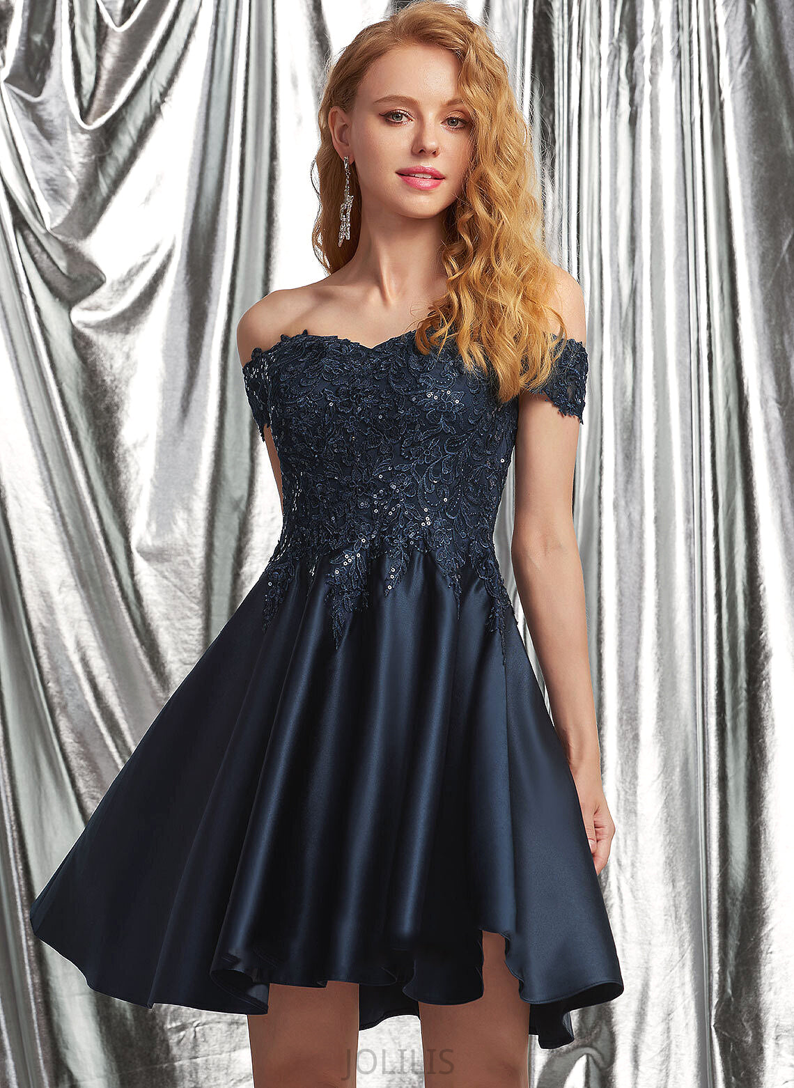 Short/Mini Homecoming Dress Homecoming Dresses Lace Shayna With Off-the-Shoulder Satin A-Line