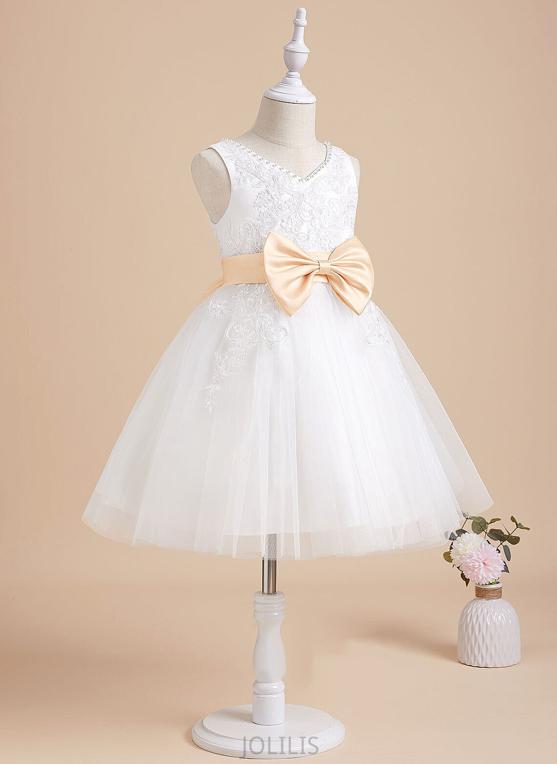 '- Dress Sleeveless Gloria Sash/Beading/Bow(s) Tulle/Lace Knee-length V-neck Flower Girl Dresses With Girl Flower A-Line