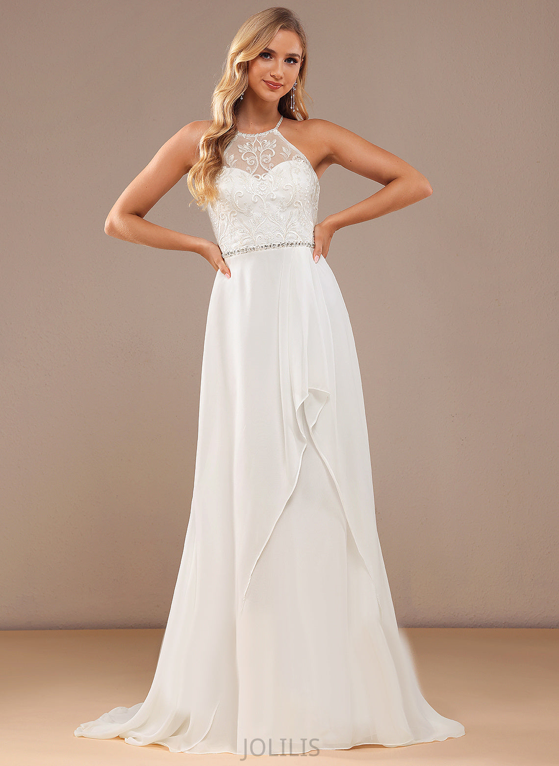 Sweep Train Beading Sequins Dress Neck High With Wedding Dresses Wedding Lace A-Line Lace Chiffon Nadine