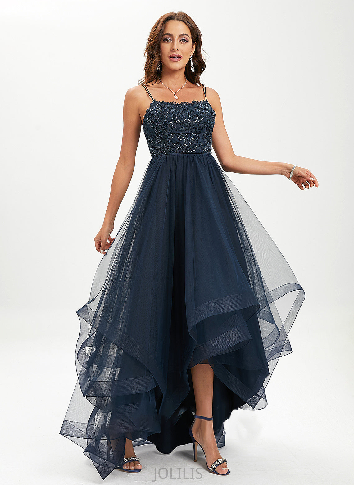 Sequins Scoop Neck Prom Dresses Asymmetrical Lace Ball-Gown/Princess With Willa Tulle