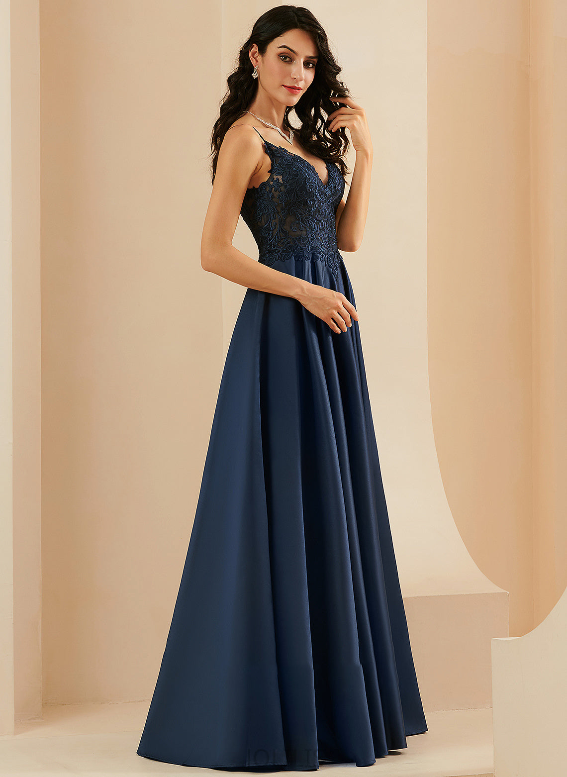 A-Line Prom Dresses Isis Satin With V-neck Floor-Length Lace