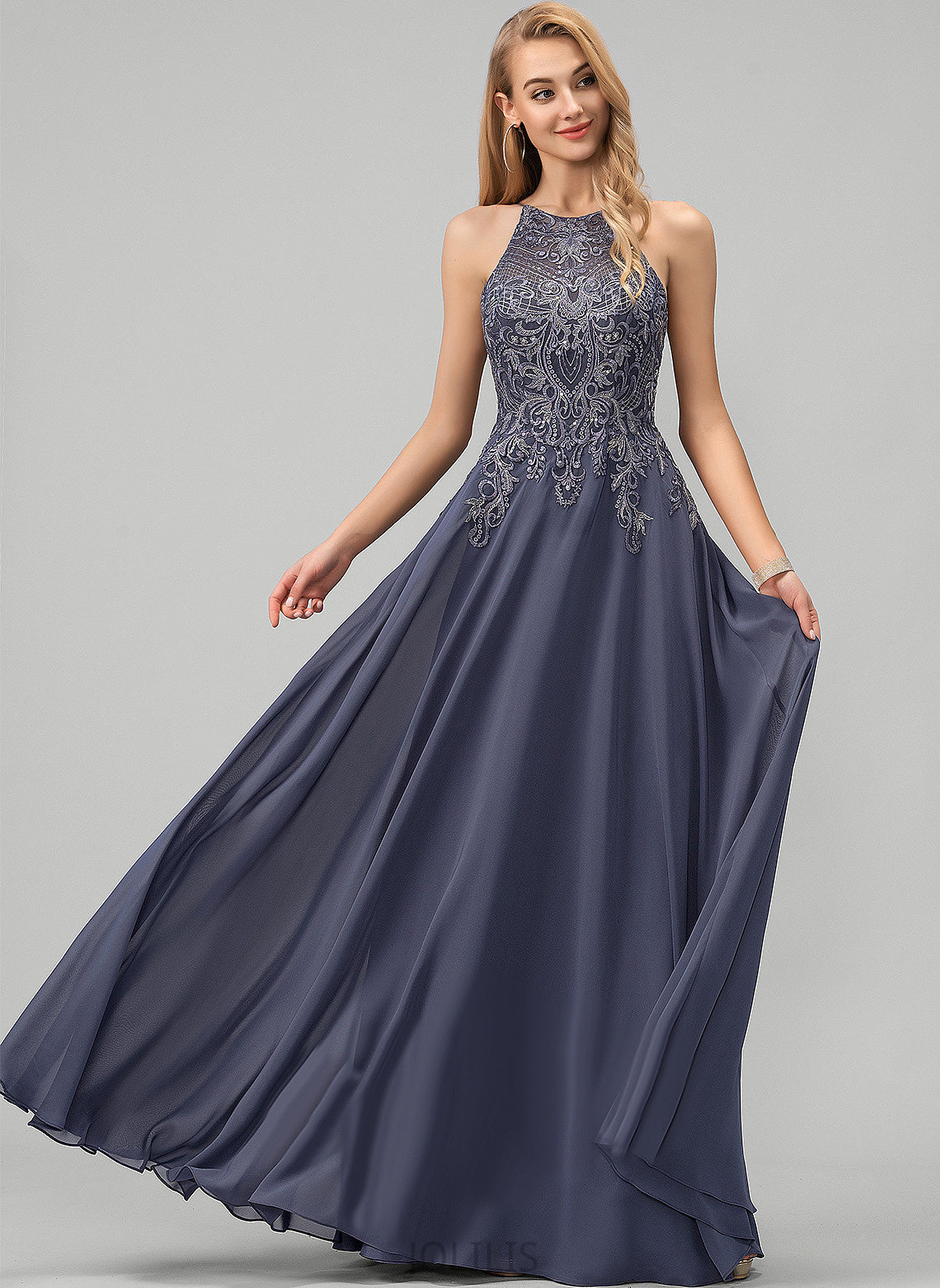 Sequins Prom Dresses A-Line Floor-Length Scoop Haylee With Chiffon Lace