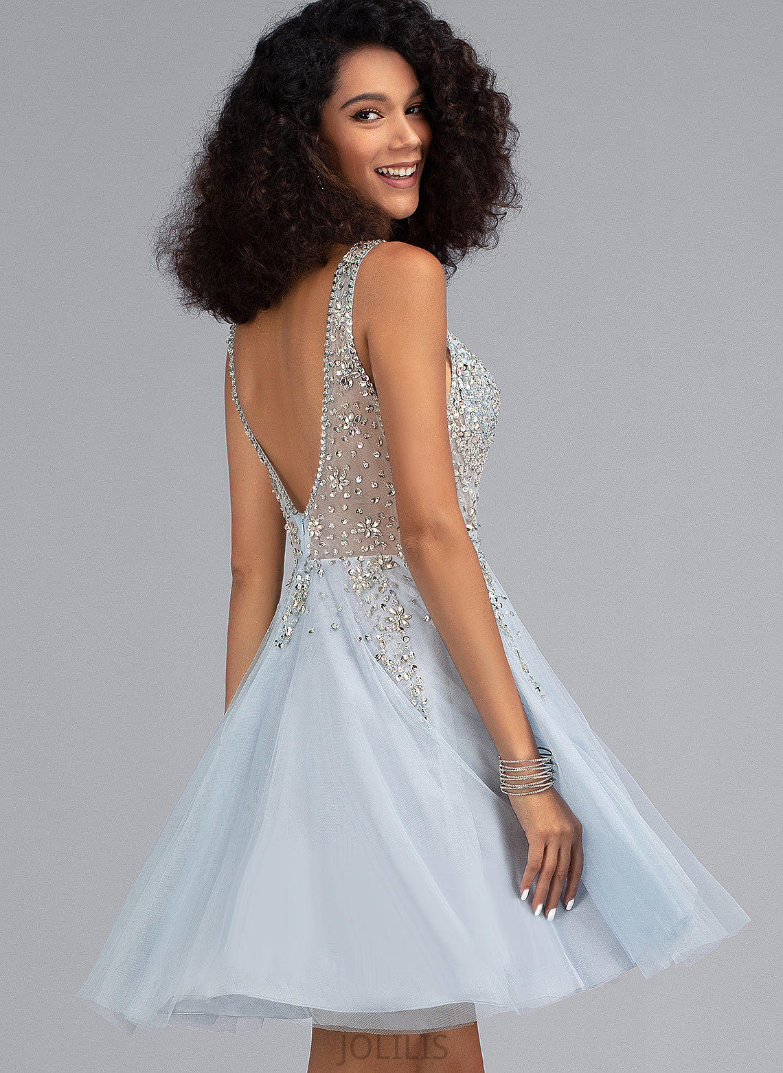 Dahlia Sequins V-neck Tulle Prom Dresses With A-Line Beading Short/Mini