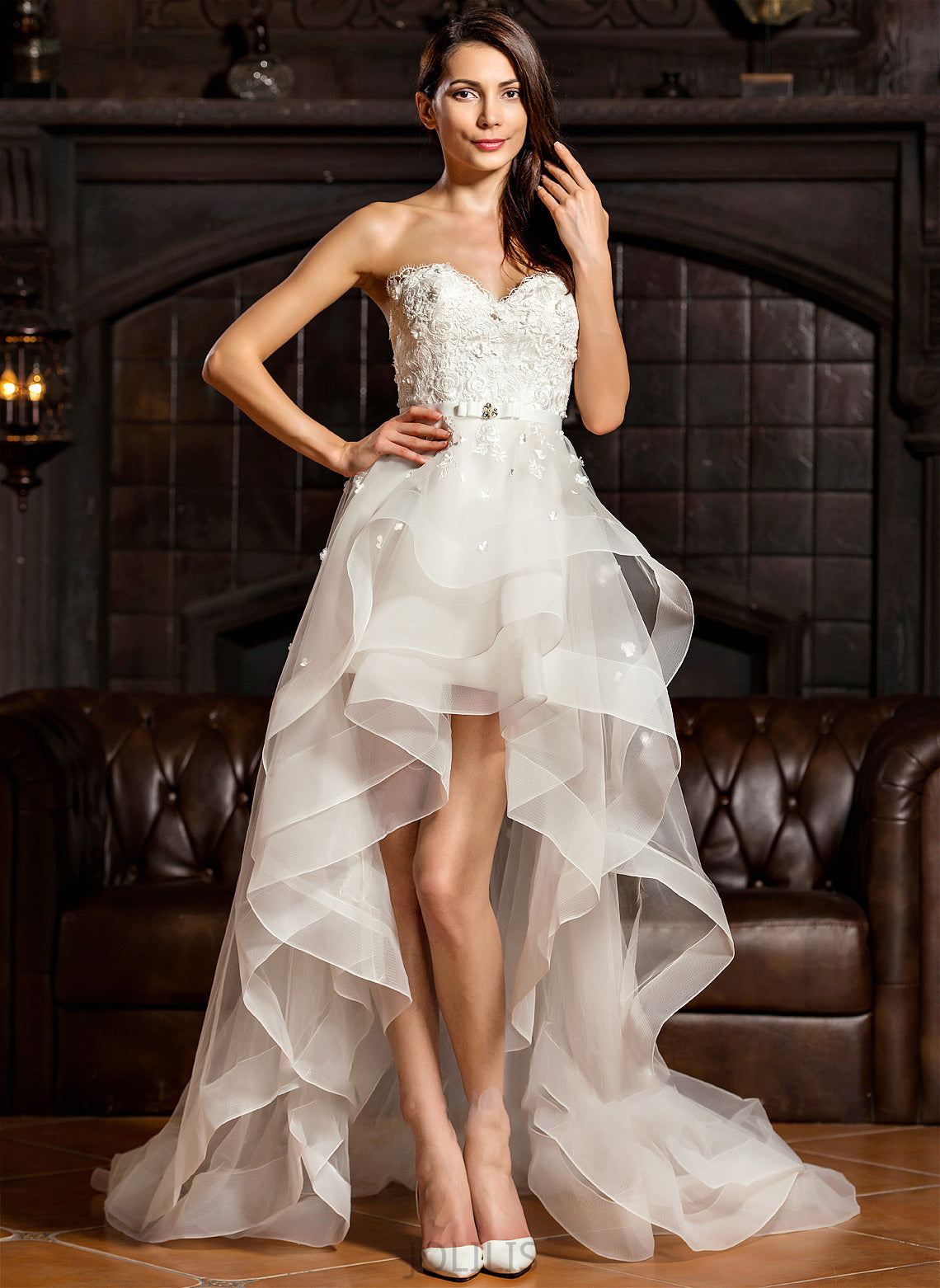 A-Line Beading Asymmetrical Tulle Sweetheart With Wedding Lola Wedding Dresses Dress Bow(s)