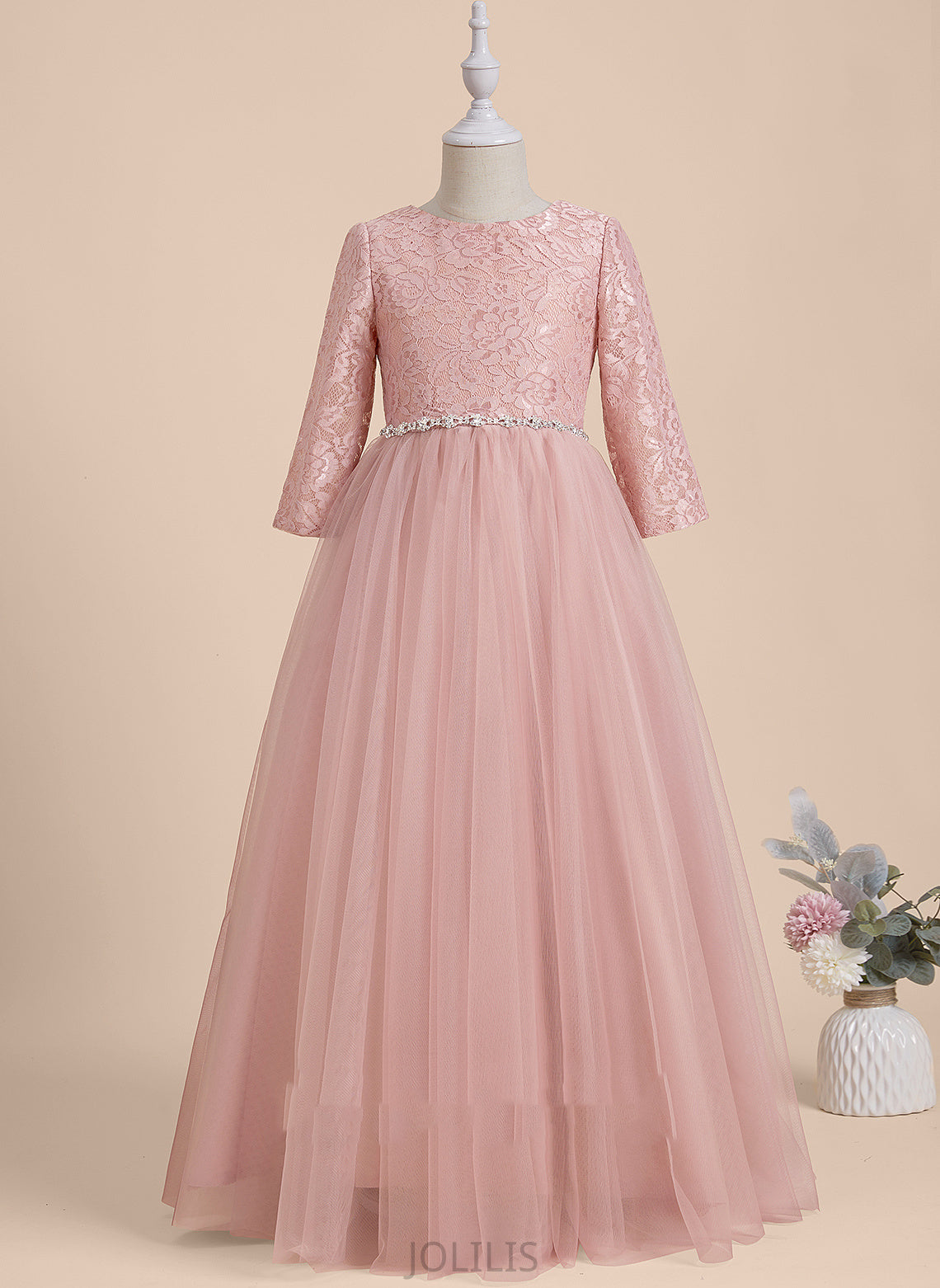 Girl Flower Girl Dresses Long Neck Dress Floor-length With Back A-Line Tulle - Ursula Flower Scoop Beading/V Sleeves