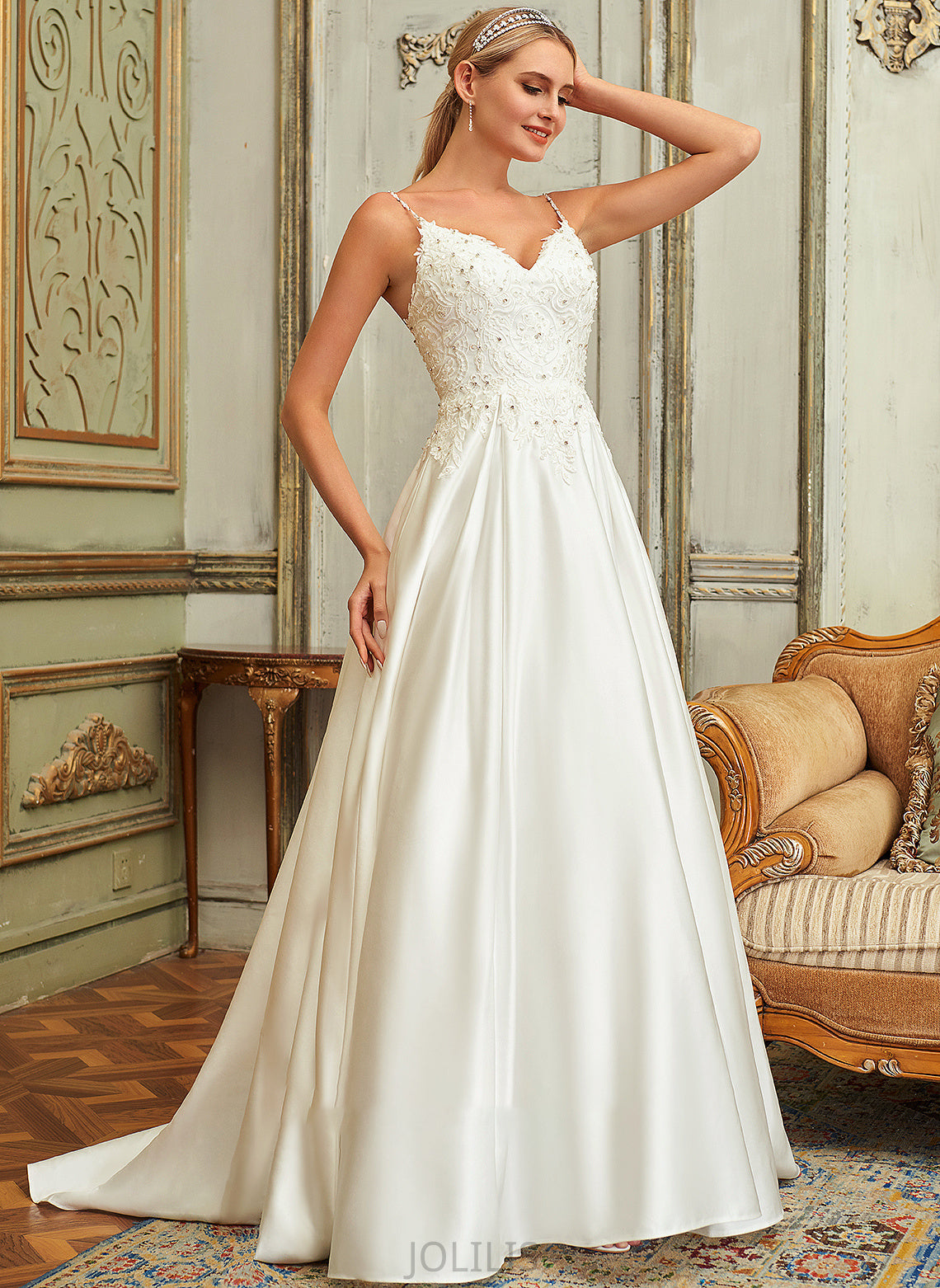 Wedding Pockets Train Sequins With Satin Lace Sweep Dress Madisyn Wedding Dresses Ball-Gown/Princess Beading Lace V-neck