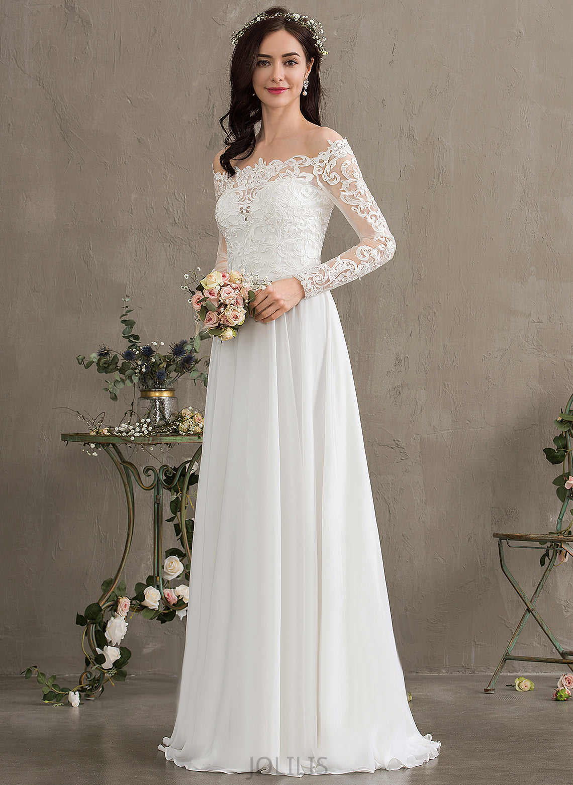 A-Line Dress Off-the-Shoulder Lace Chiffon Rory Wedding Floor-Length Wedding Dresses