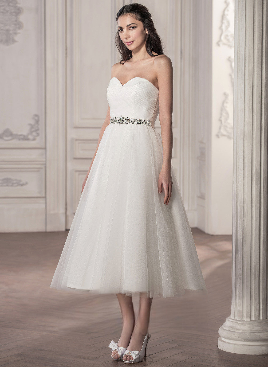 Sweetheart With Tea-Length A-Line Ruffle Wedding Tulle Dress Beading Satin Helga Sequins Wedding Dresses