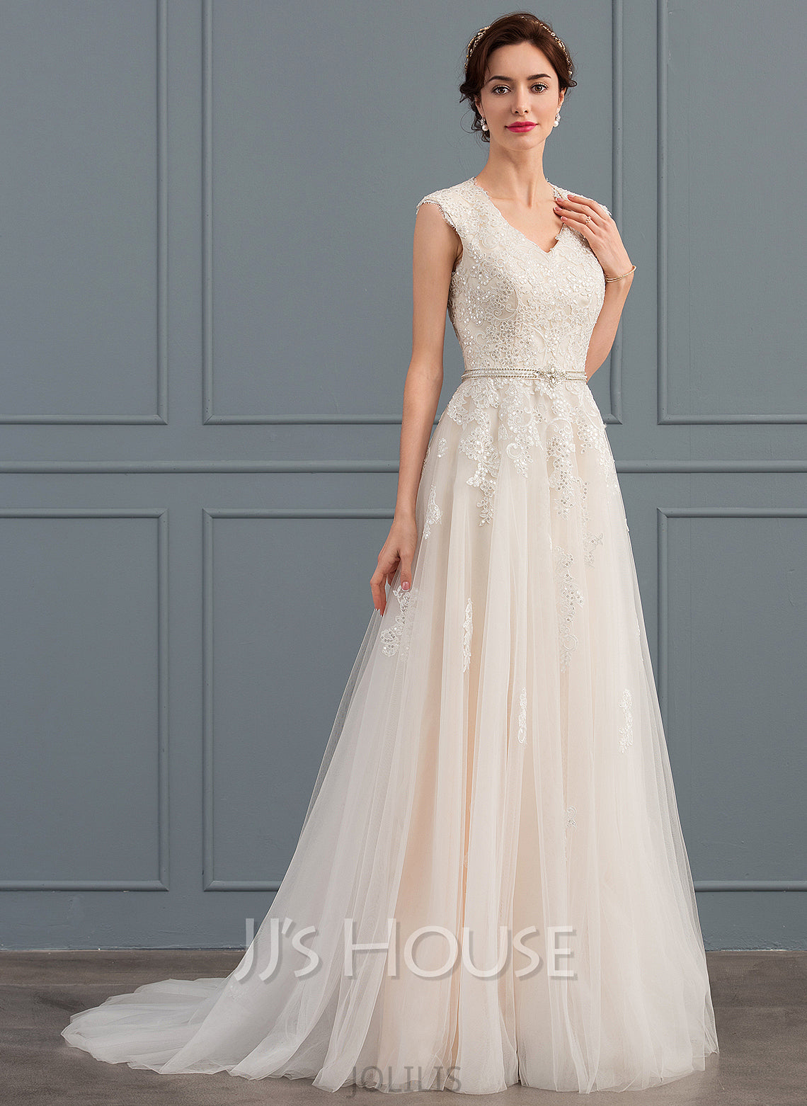 Wedding Dresses Dress Tulle Sequins A-Line Beading V-neck Justine With Wedding Train Bow(s) Sweep