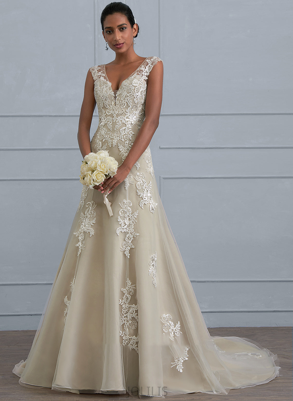 A-Line Sequins Court Train Jayda Dress V-neck Beading With Wedding Dresses Wedding Tulle Lace