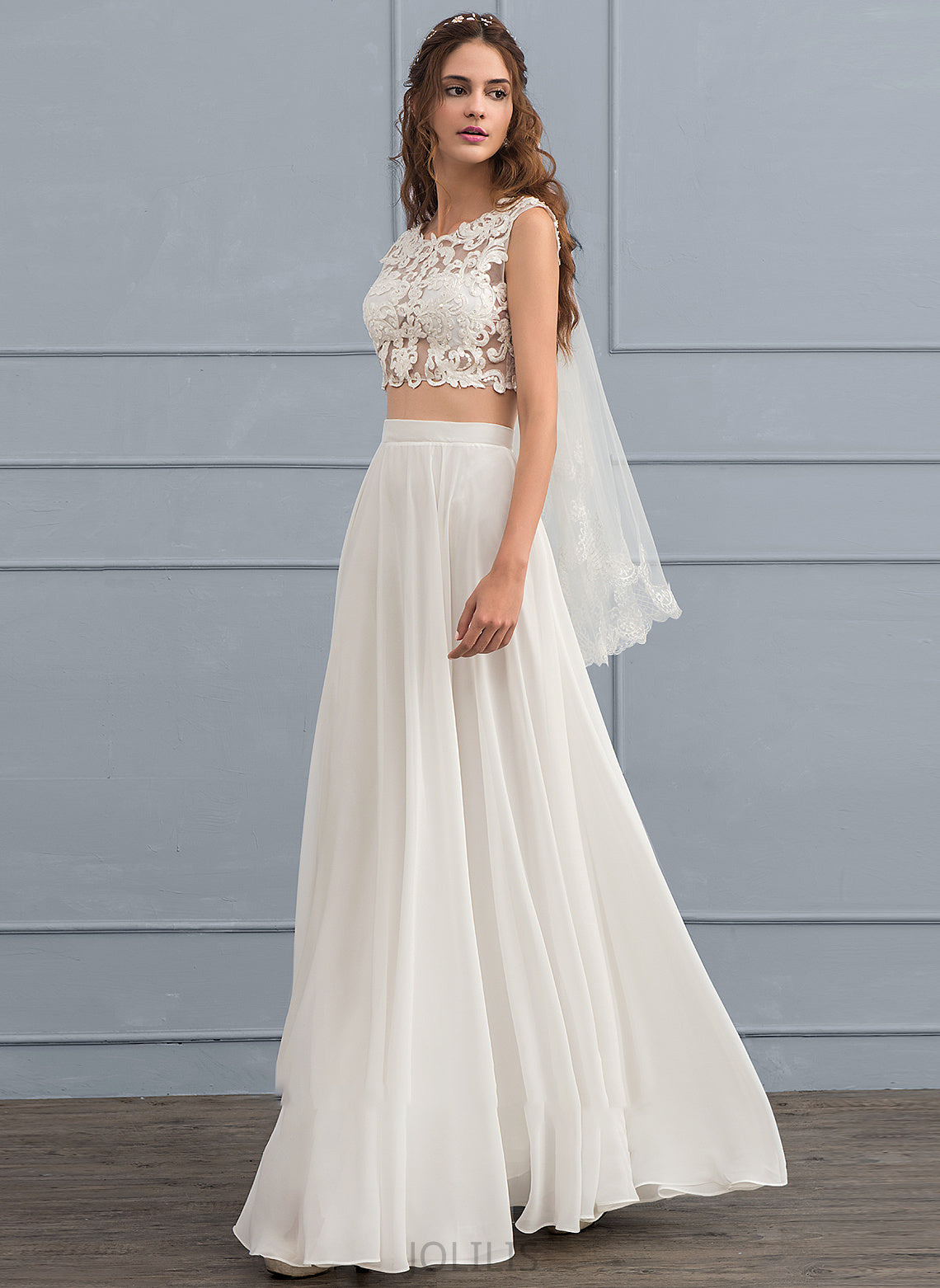 A-Line Veronica Scoop Dress Sequins Wedding Dresses Beading Floor-Length Chiffon With Neck Wedding