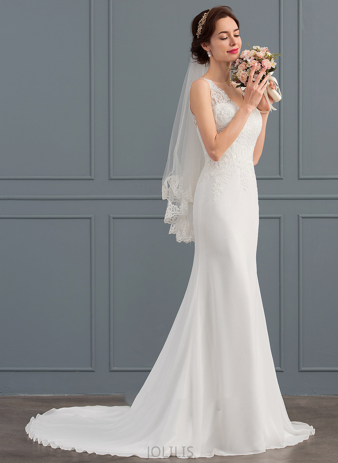 Aurora Train V-neck Court Wedding Dress Wedding Dresses Trumpet/Mermaid Chiffon