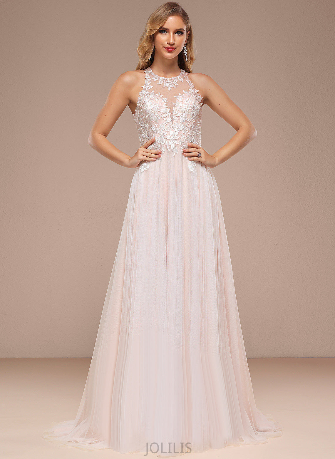 Sweep Lace Dress A-Line Dalia Halter Wedding Dresses With Train Wedding Tulle Beading Sequins