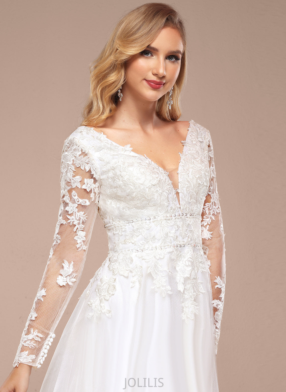 Wedding Dresses A-Line Wedding Lace Beading Dress With V-neck Abril Floor-Length Tulle Sequins