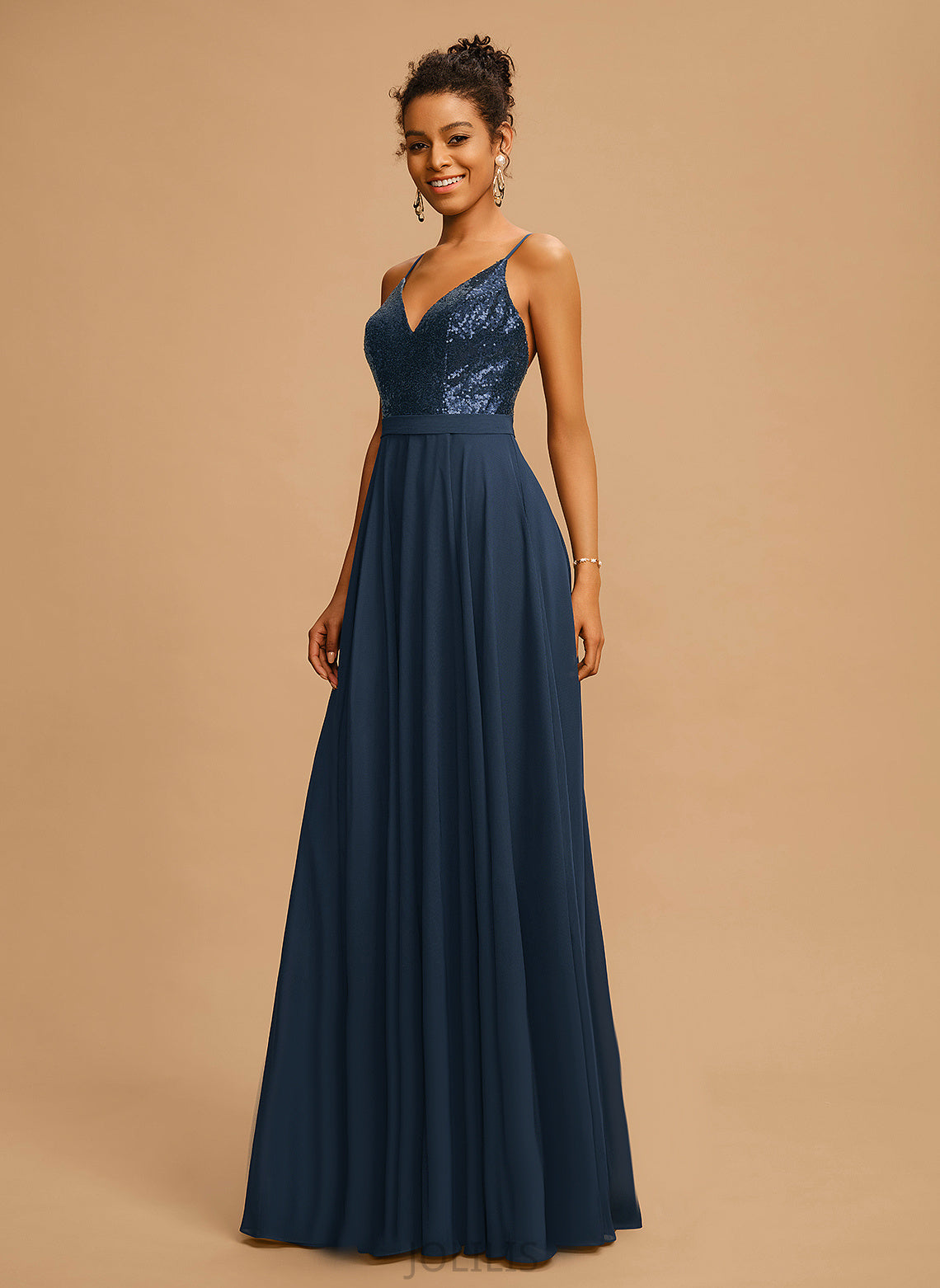 Sequined Chiffon V-neck With Floor-Length Sequins Mira A-Line Prom Dresses