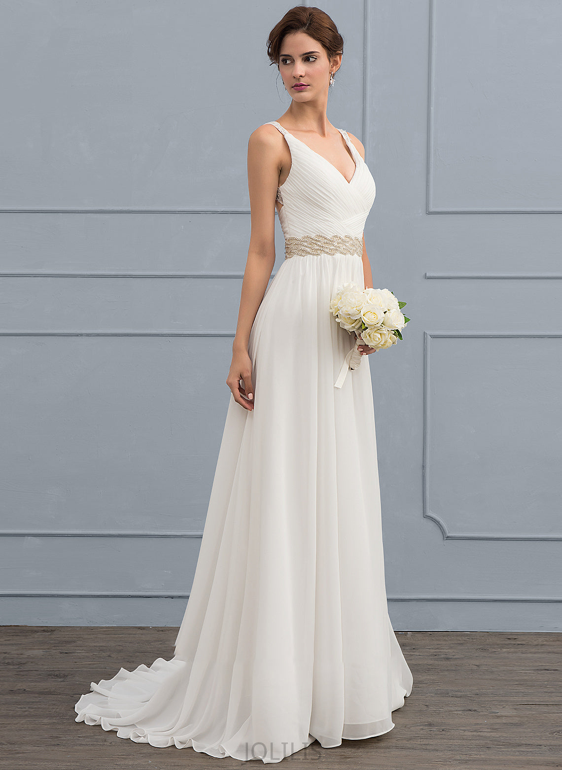 A-Line Sequins Ruffle Gianna Chiffon V-neck Sweep Wedding Dresses Wedding Lace Beading Train With Dress