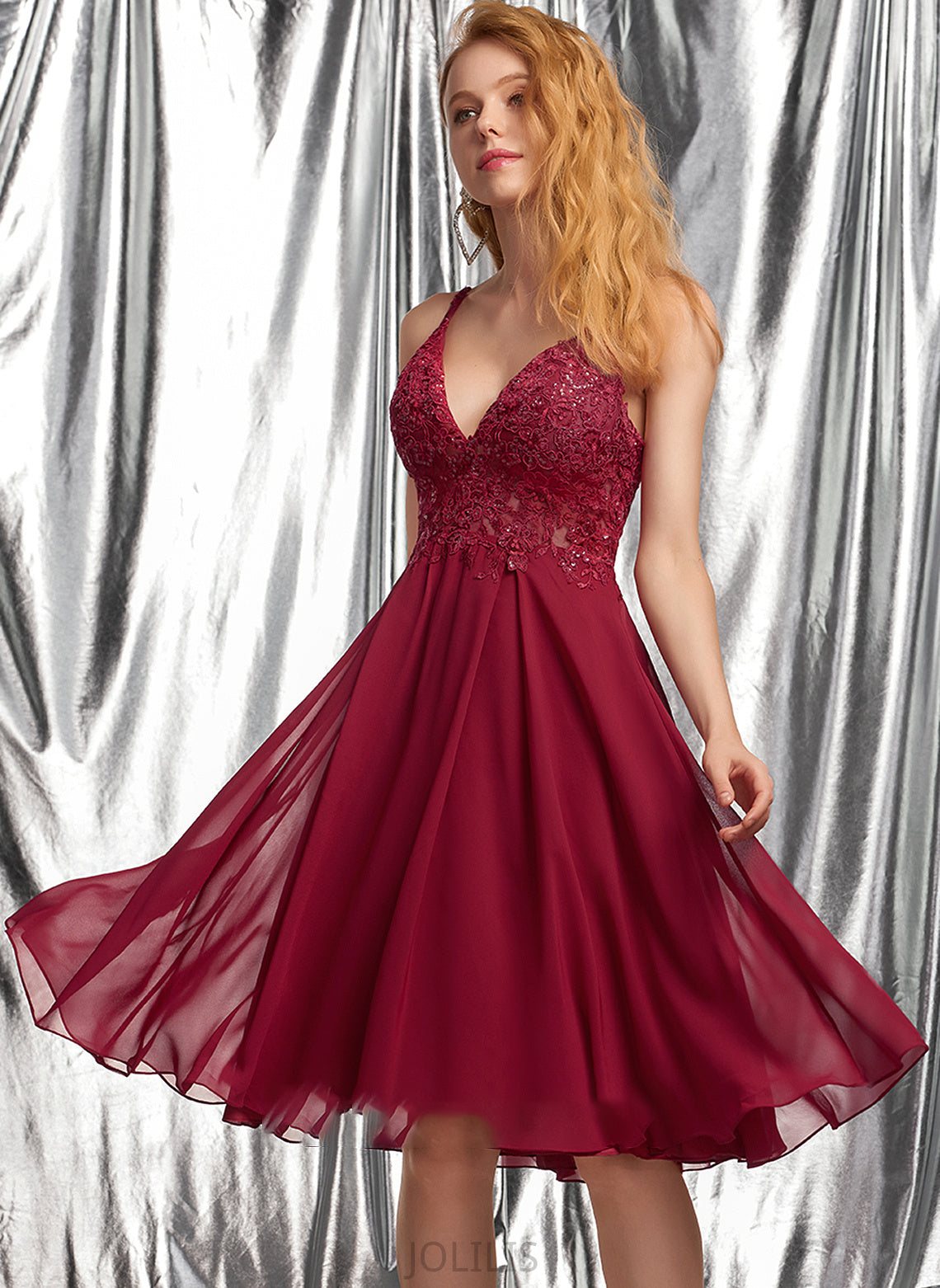 With V-neck Sequins Chiffon Prom Dresses Kaley Knee-Length A-Line