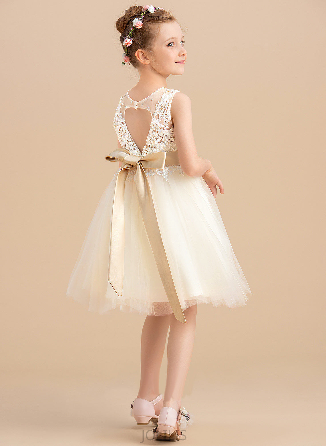 (Detachable Neck - Flower Girl Scoop Flower Girl Dresses Knee-length Tulle/Lace A-Line With Maryjane sash) Sleeveless Dress Sash/Beading/Back Hole