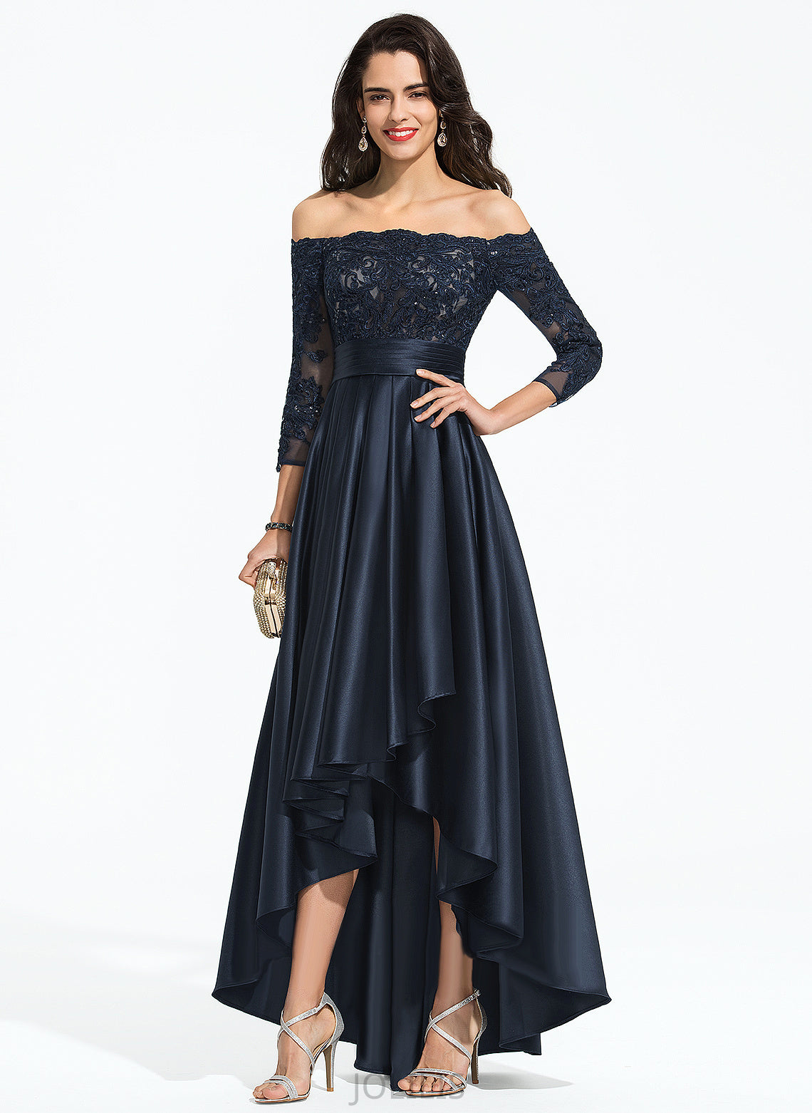 A-Line Sequins Satin Cascading Asymmetrical Ruffles Prom Dresses Off-the-Shoulder Lace Jessie With