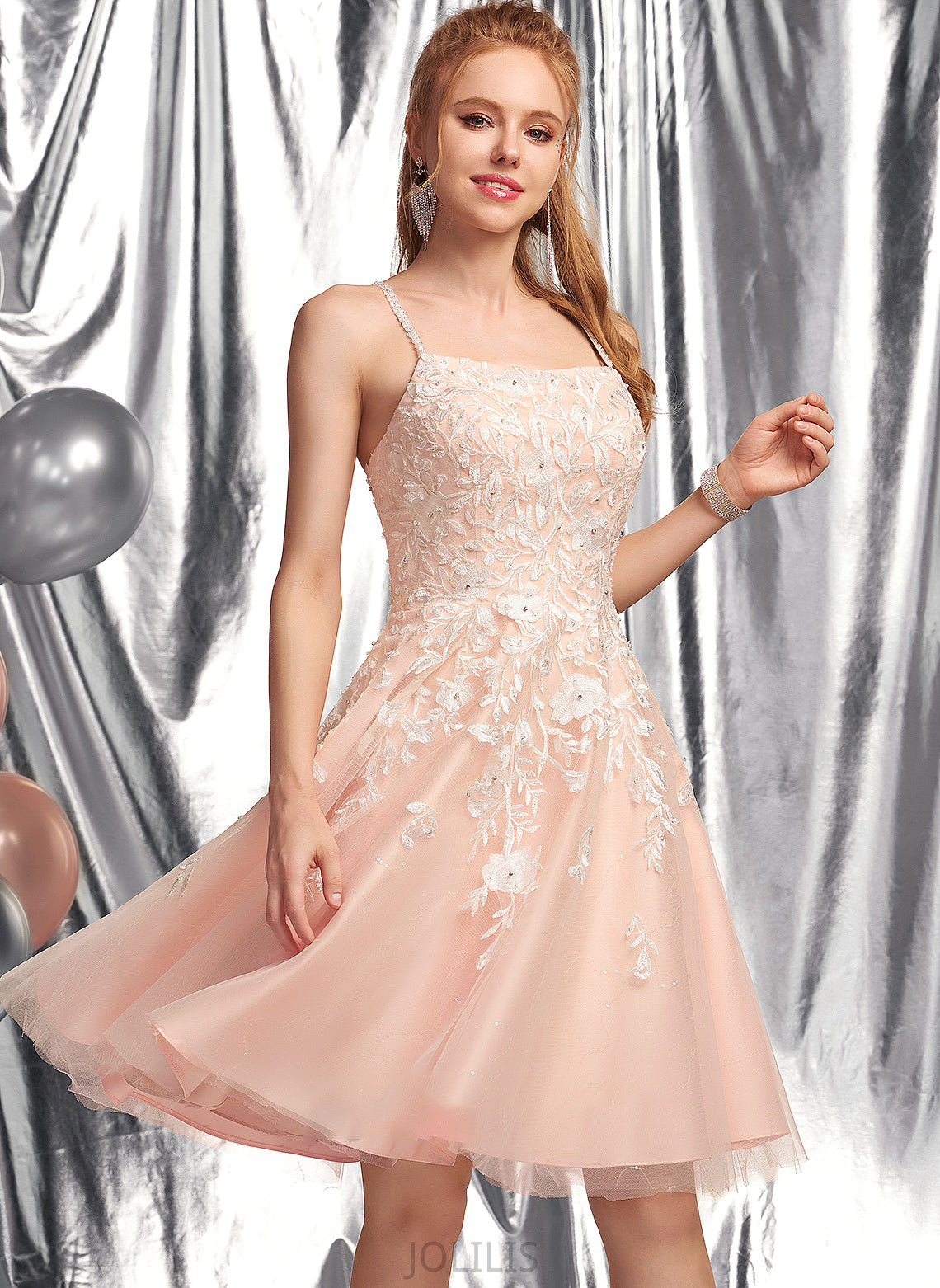 Knee-Length A-Line Sequins Square Neckline Araceli Beading Tulle With Prom Dresses