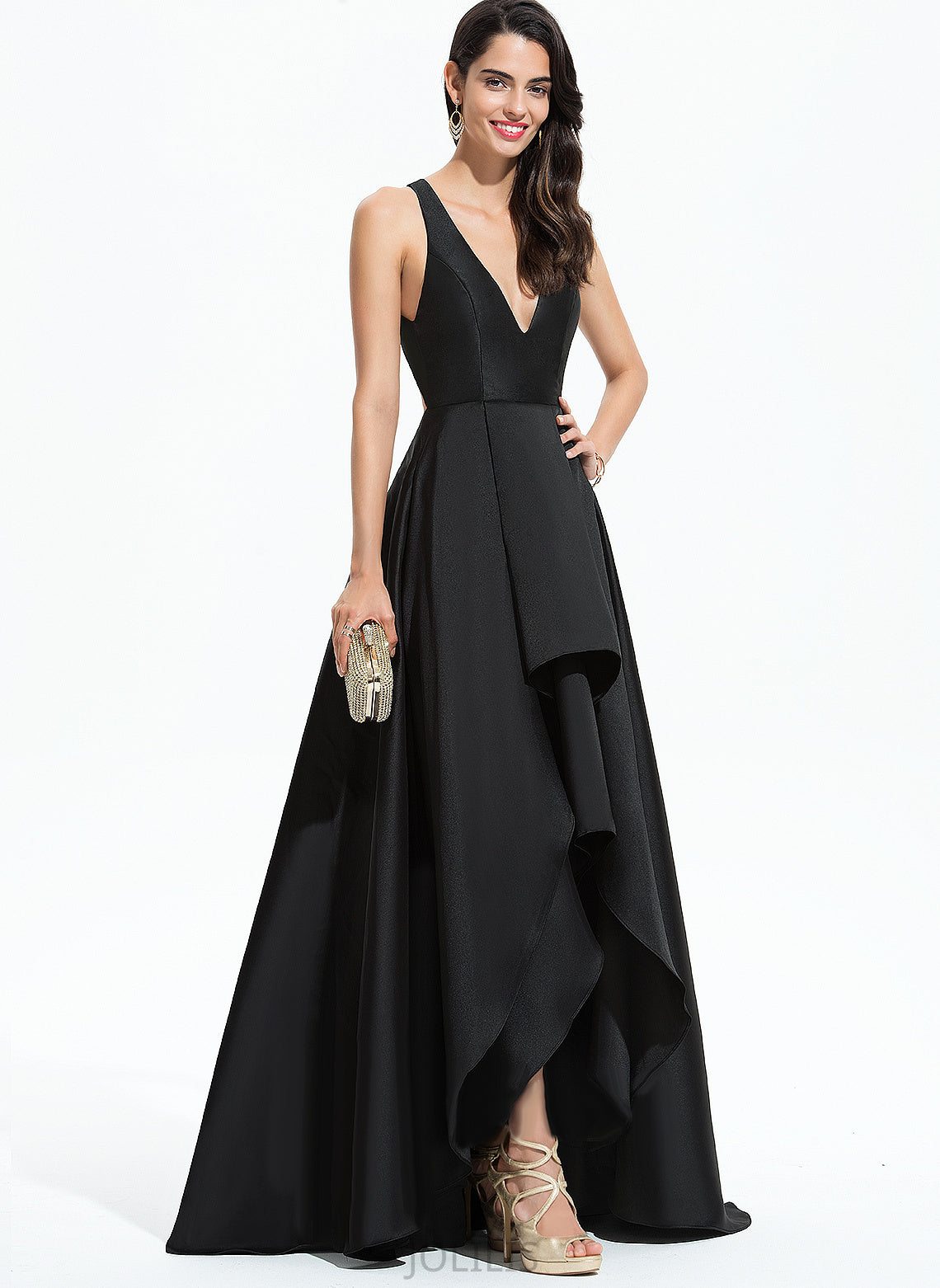 Nicole A-Line Prom Dresses Satin Asymmetrical V-neck