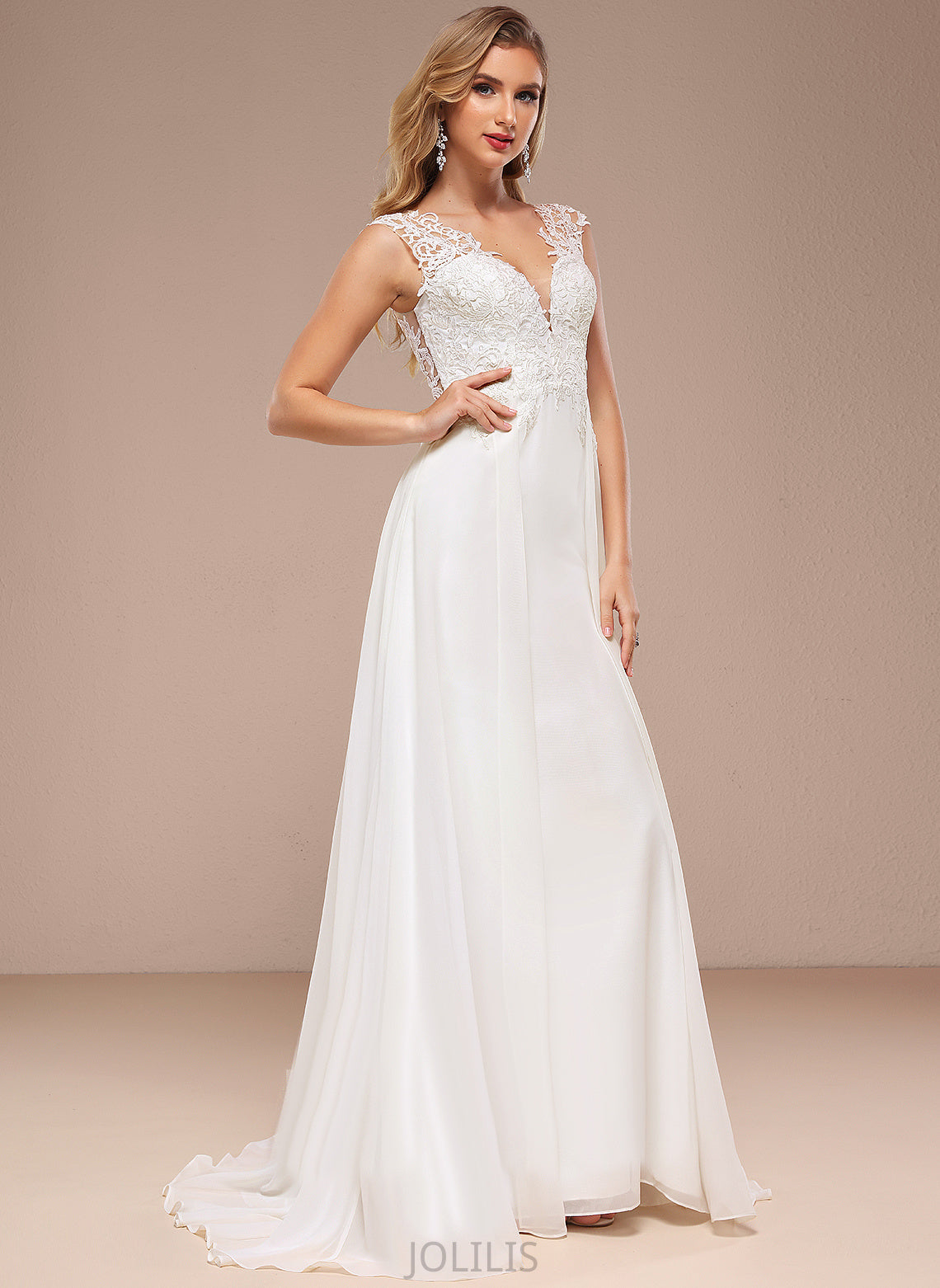 Chiffon Lace Train Wedding A-Line V-neck Tessa Wedding Dresses Sweep Dress