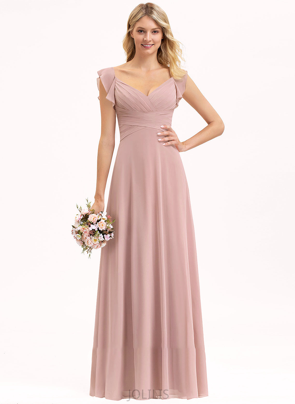 Empire Cascading Ruffles Floor-Length Chiffon V-neck Kathy With Prom Dresses