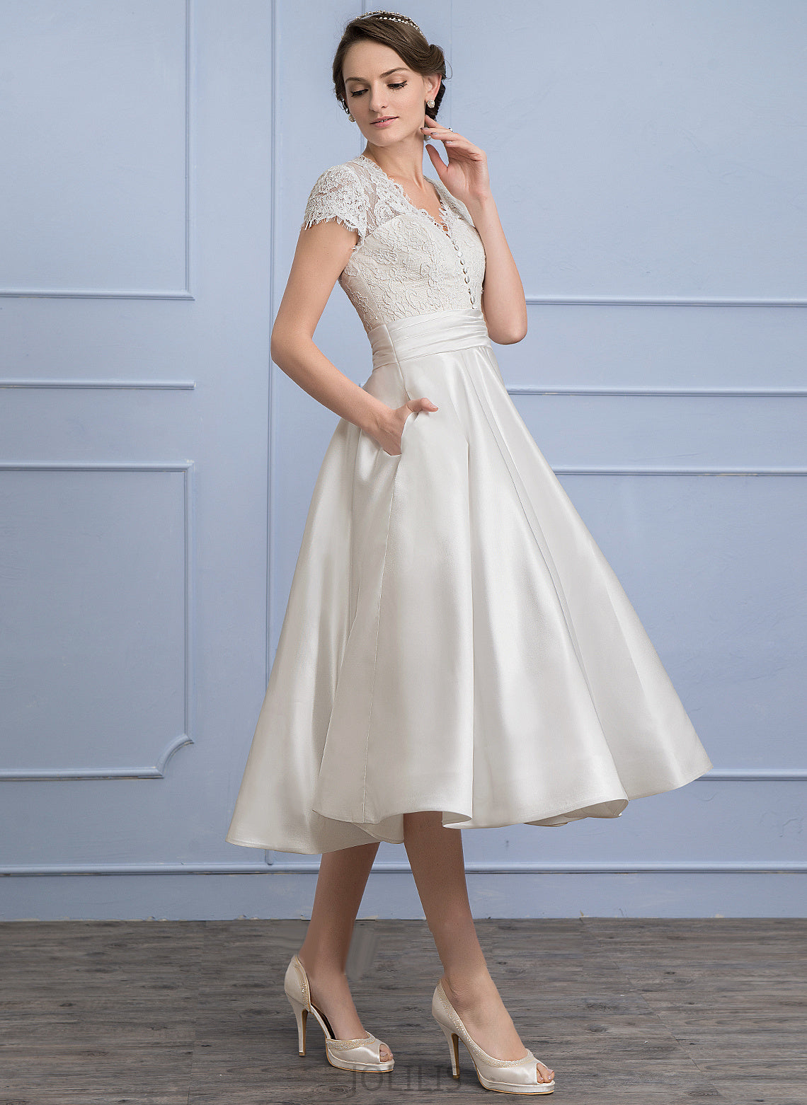 Norma With Wedding Dresses Dress A-Line V-neck Satin Pockets Ruffle Lace Tea-Length Wedding