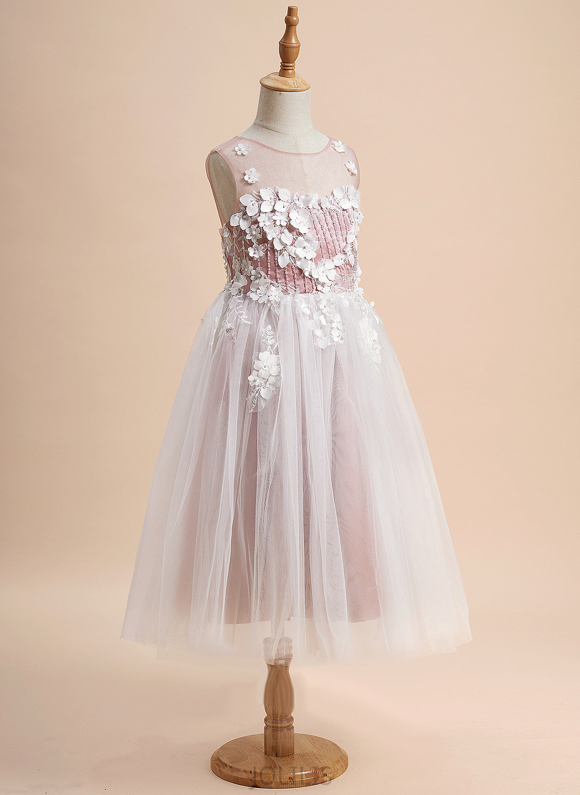 Scoop Sleeveless Flower Neck Kiley With Flower Girl Dresses A-Line - Girl Tea-length Tulle Lace/Beading/Flower(s) Dress