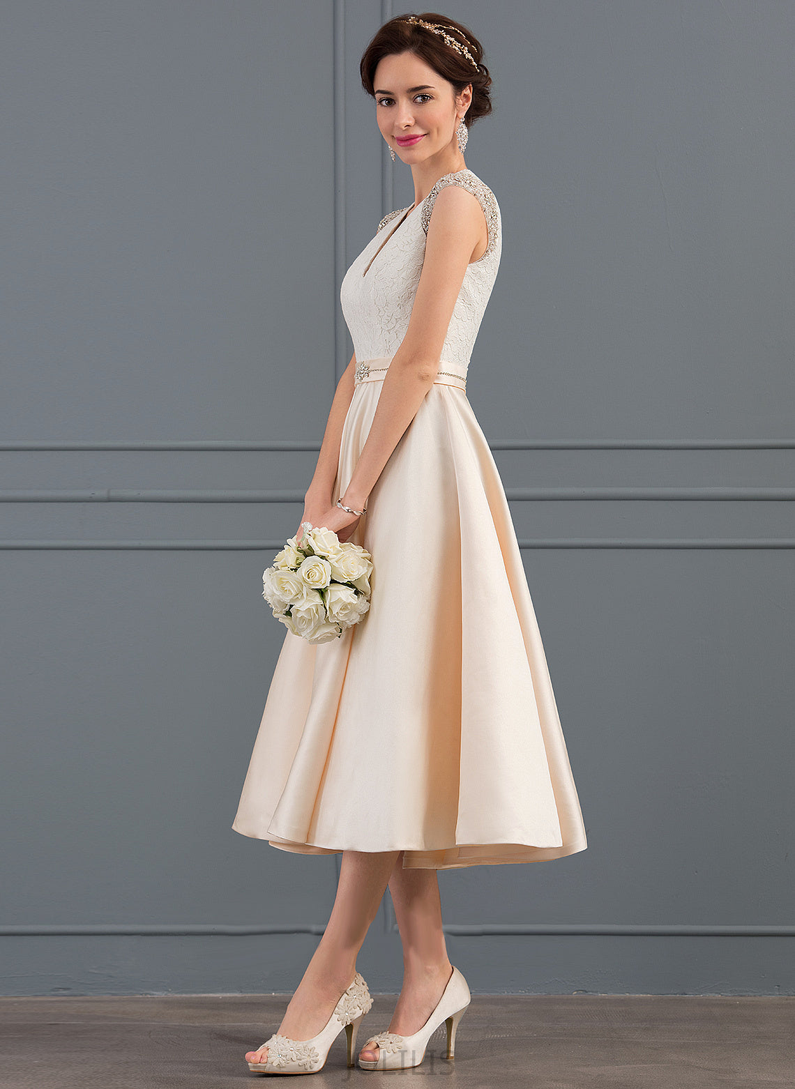 Wedding With V-neck Beading Sequins Maggie A-Line Satin Dress Wedding Dresses Tea-Length