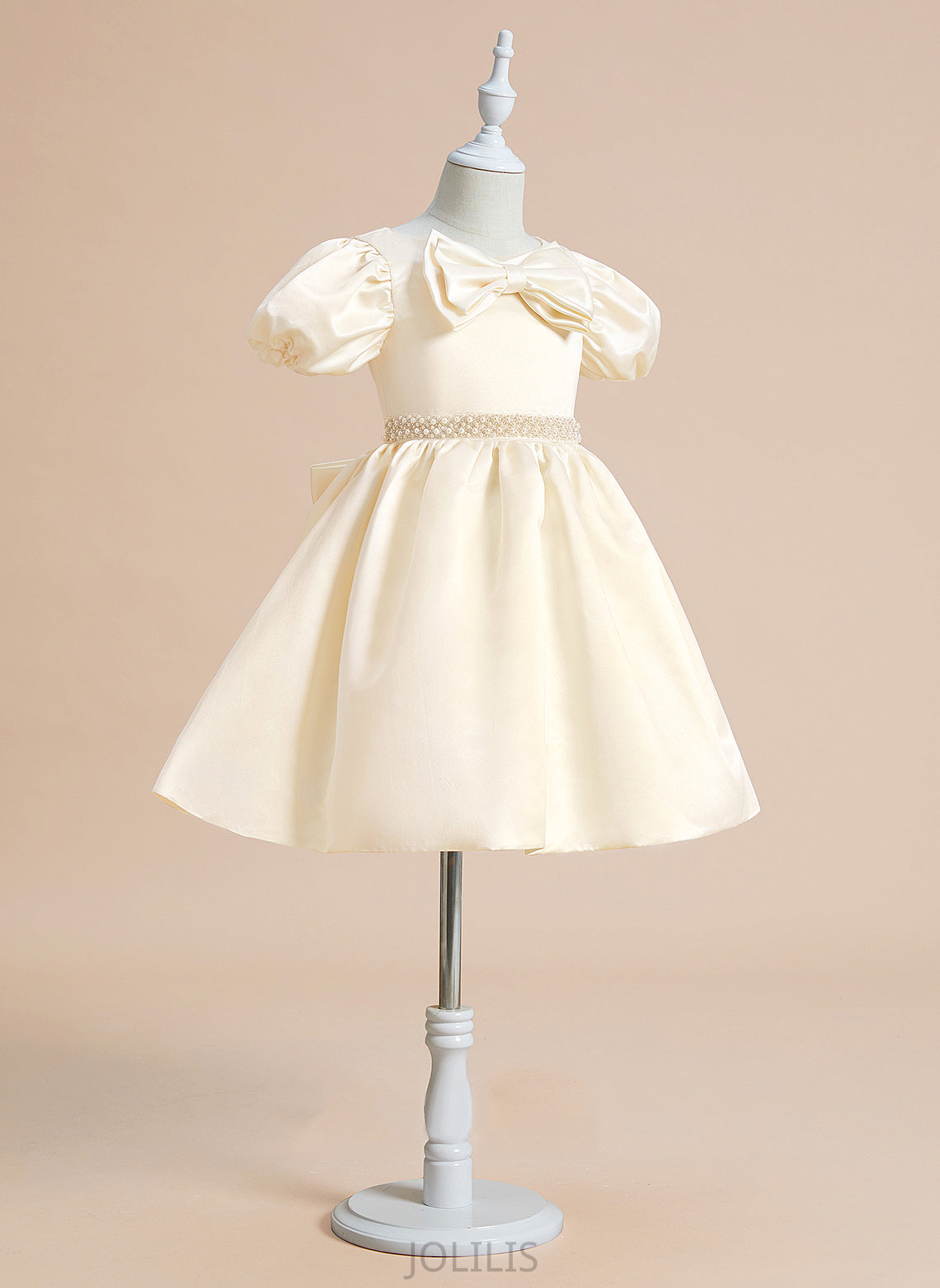 Flower Girl Dresses - Flower Ball-Gown/Princess V-neck Dress Girl Sleeves Knee-length Beading/Bow(s) Henrietta Satin With Short