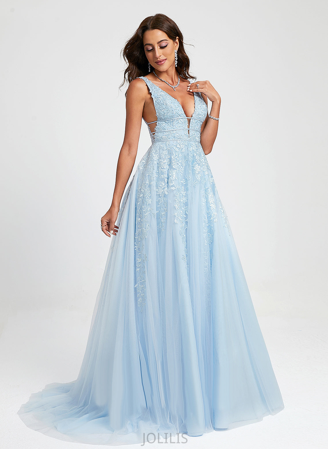 Train Tulle Prom Dresses Ball-Gown/Princess Beading With V-neck Lace Sweep Aria