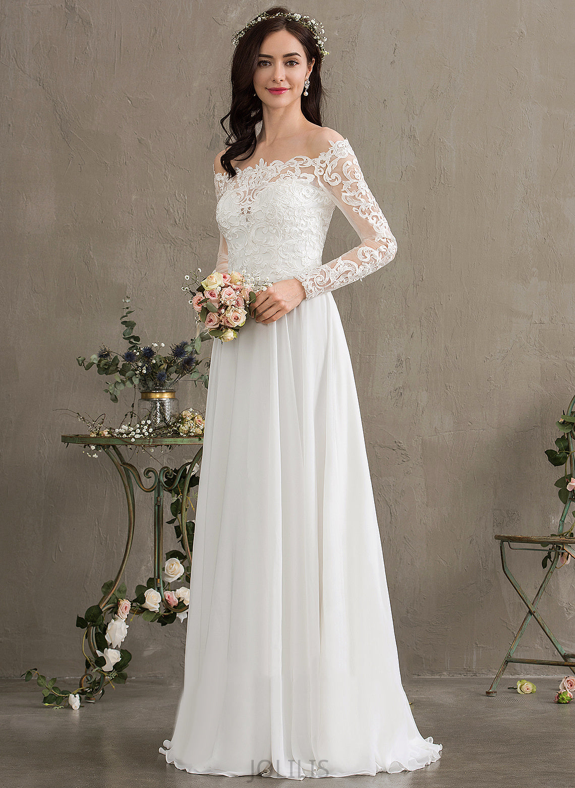 Lace Lace Wedding Off-the-Shoulder Chiffon With A-Line Floor-Length Dress Sibyl Wedding Dresses