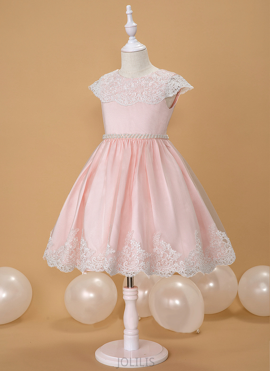 Girl With Satin/Lace Beading/Bow(s) Knee-length Neck Ball-Gown/Princess Greta Scoop Flower Dress - Sleeveless Flower Girl Dresses